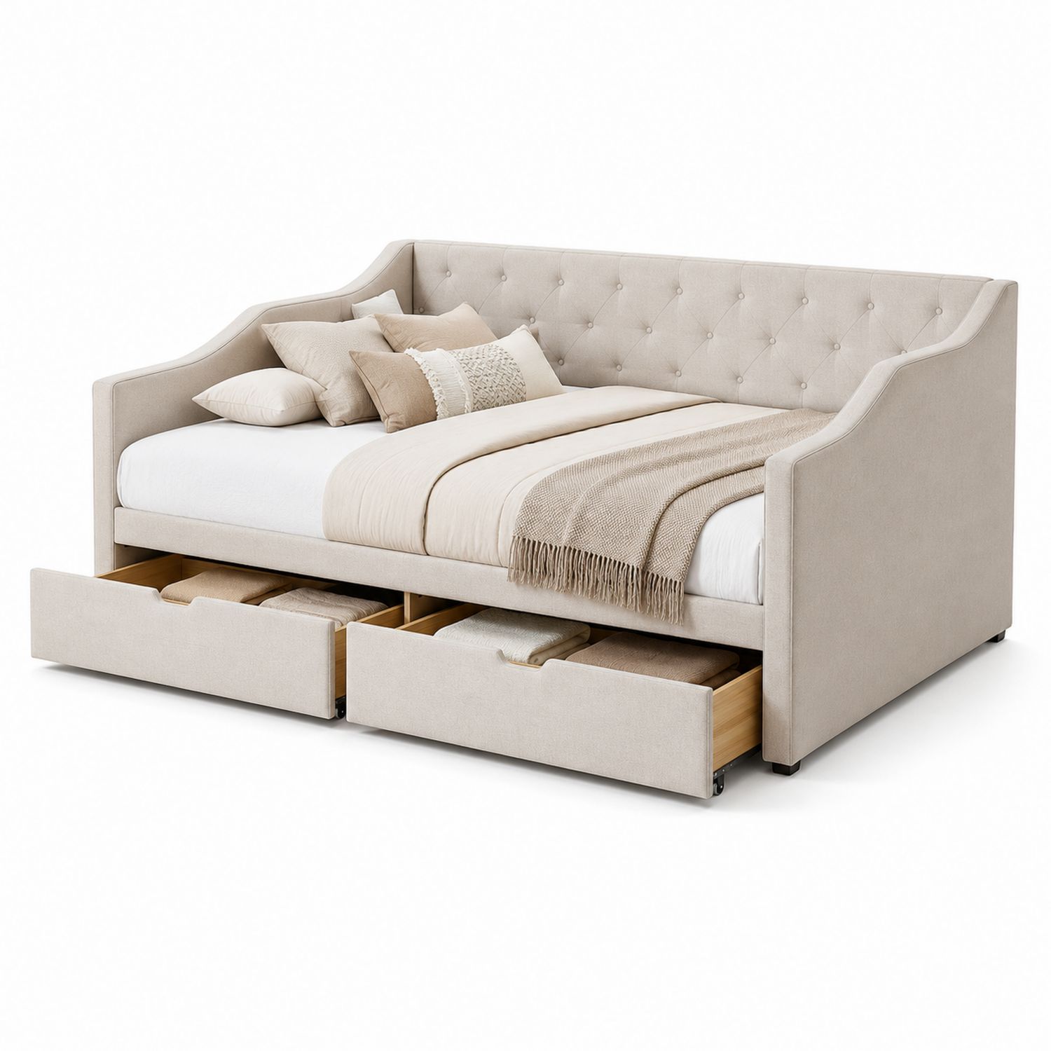 Cama nido de madera contrachapada con cajones de almacenamiento y tela beige 200x90 cm-Timberhomeeu