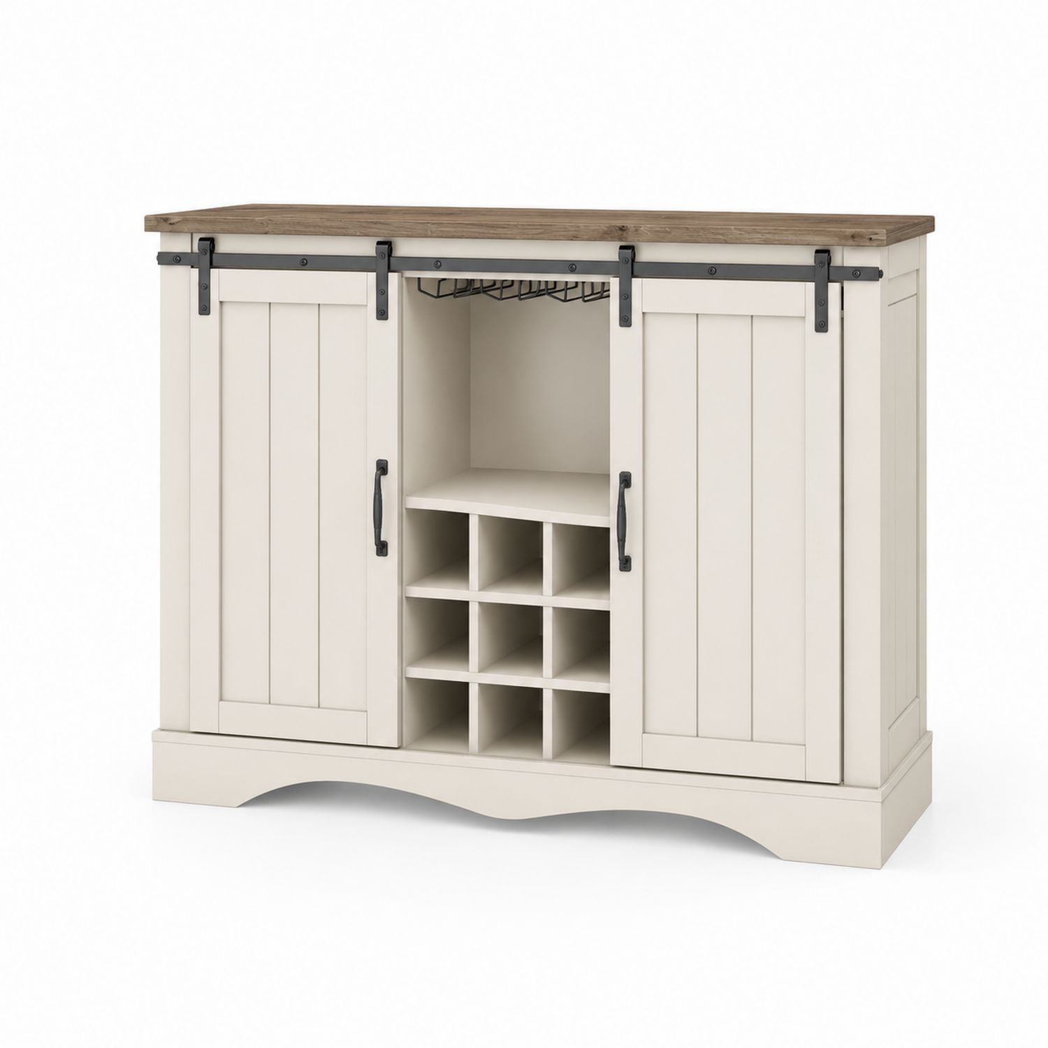 Aparador de Madera con Estante para Vino y Puertas Correderas, Blanco y Roble-Timberhomeeu