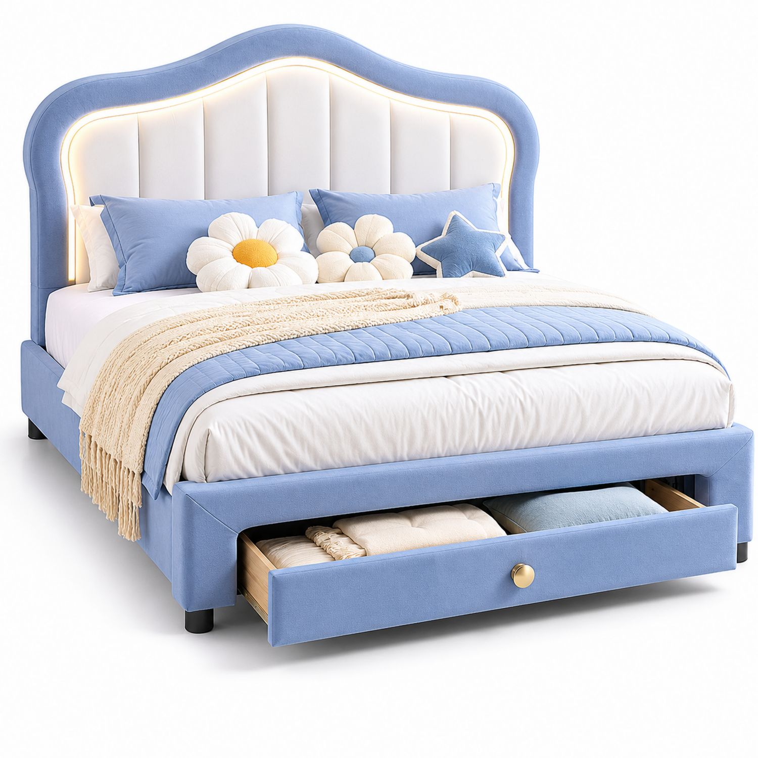 Cama doble con cabecera LED y cajón, 200x160 cm, azul claro y blanco-Timberhomeeu