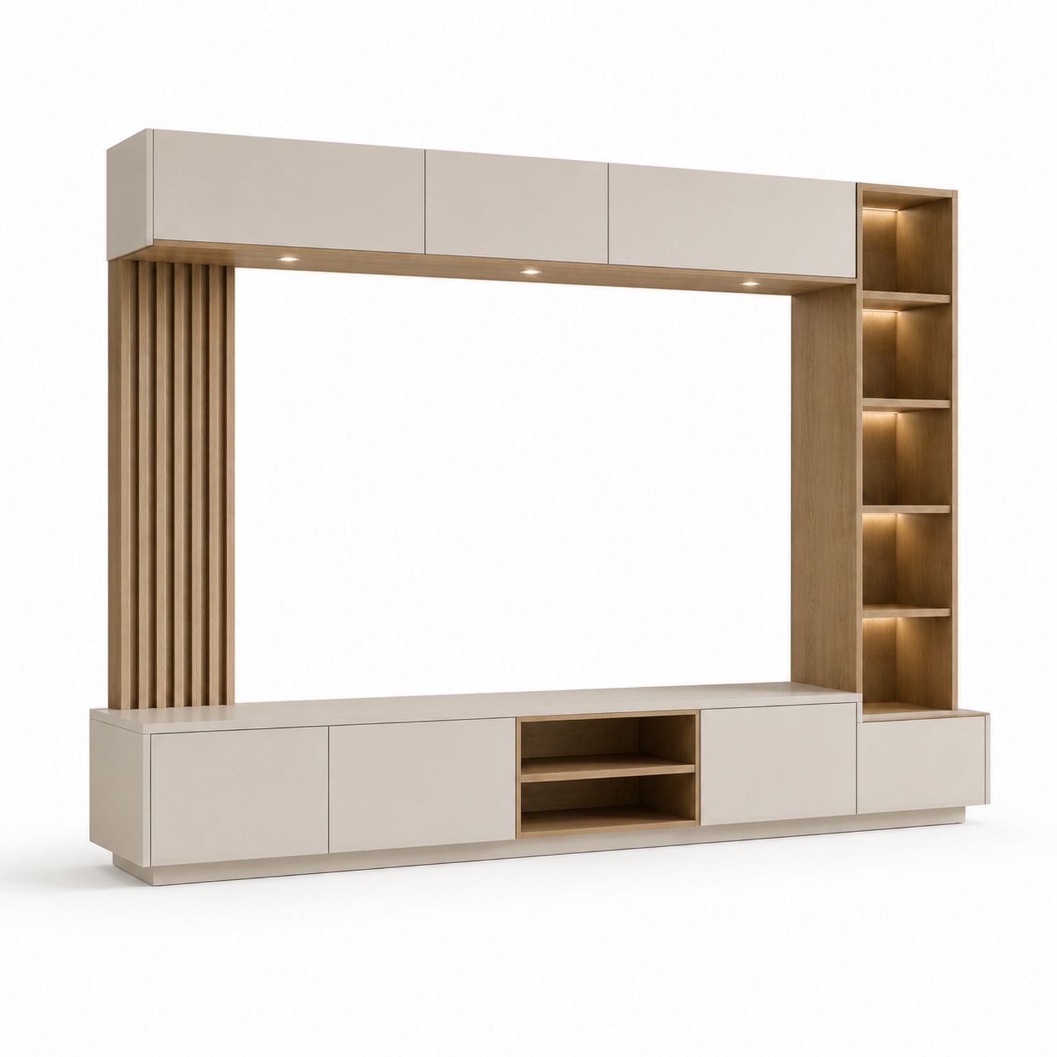 Centro de entretenimiento MDF con estantes y luces LED 240x180x40 cm Blanco y Roble-Timberhomeeu