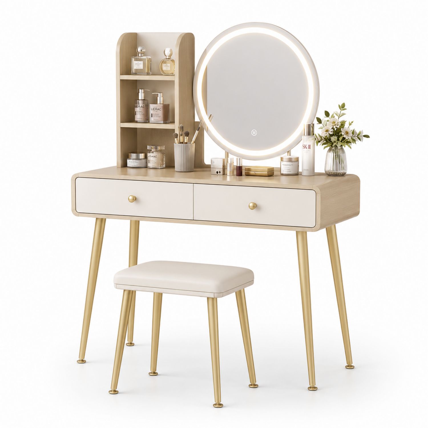 Tocador de Madera y Metal con Espejo LED y Taburete-Timberhomeeu