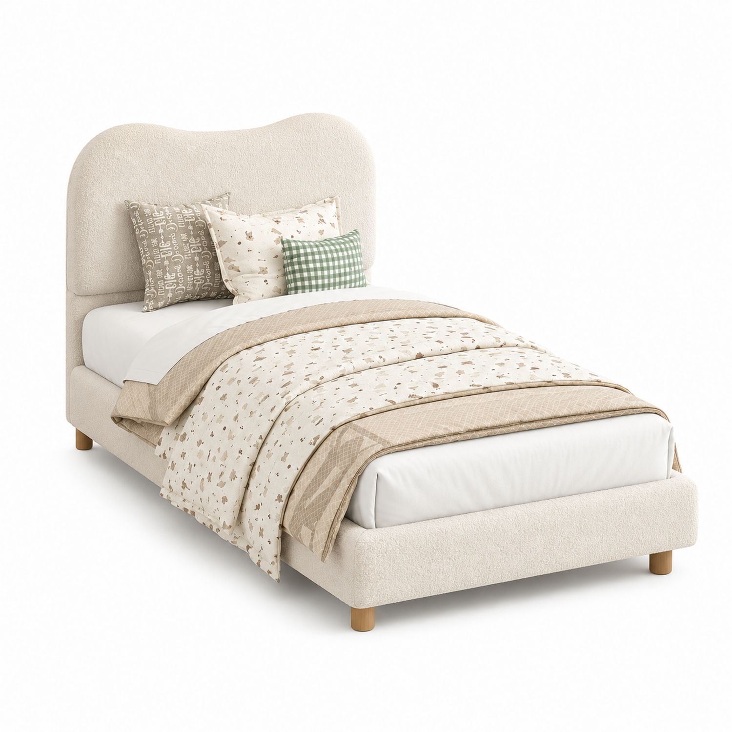Cama individual de tela bouclé beige con cabecero curvo y cojines decorativos-Timberhomeeu
