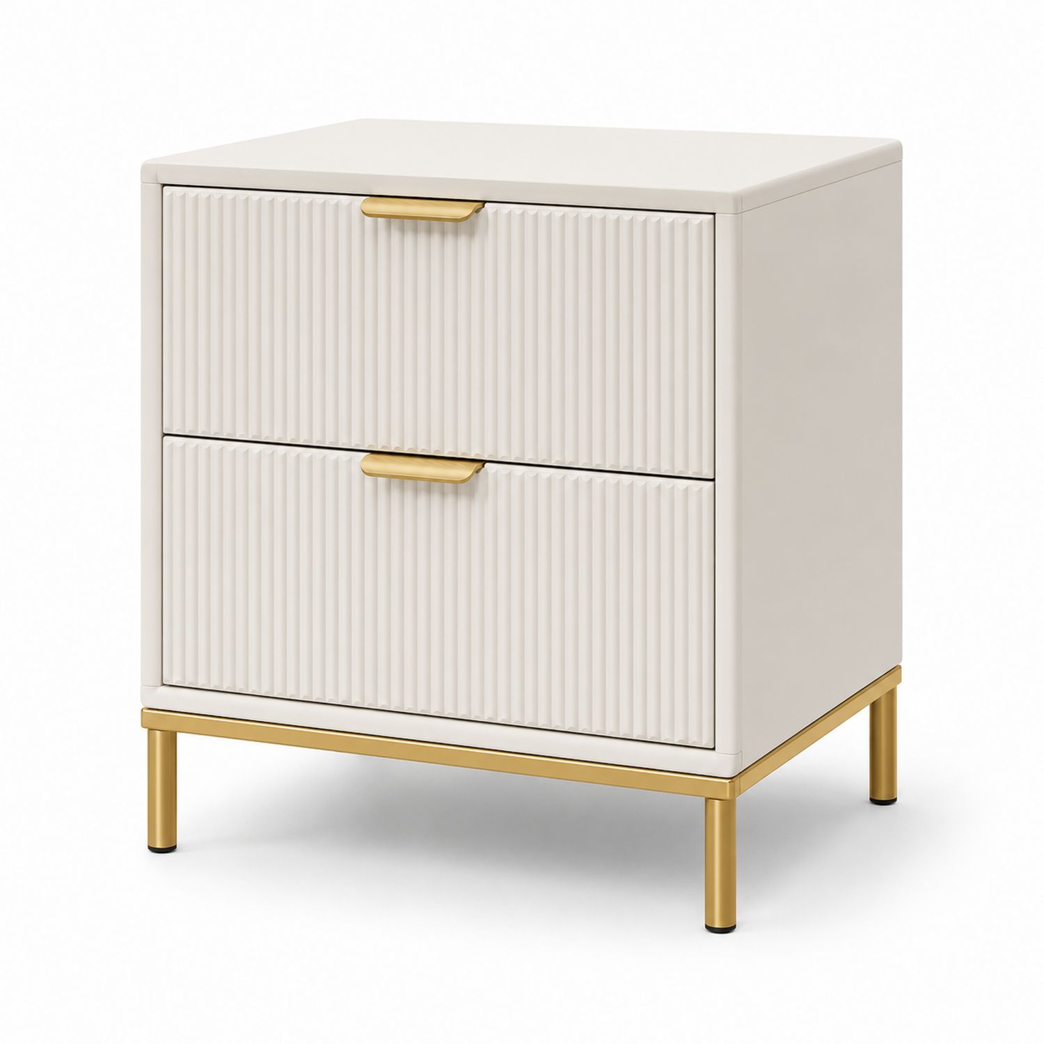 Mesita de noche de MDF y metal con 2 cajones Blanco/Oro-Timberhomeeu