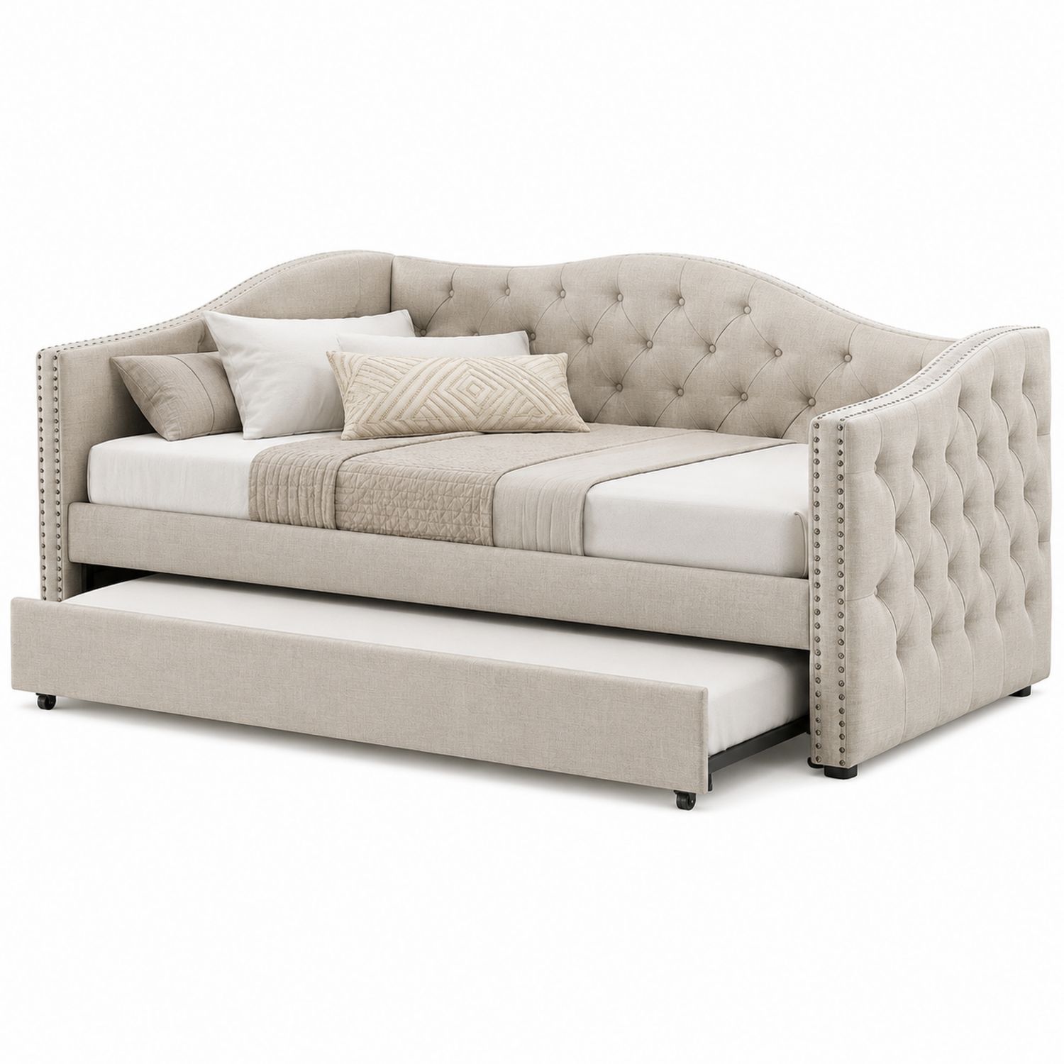 Cama nido de madera tapizada en tela beige 200x100x90 cm-Timberhomeeu