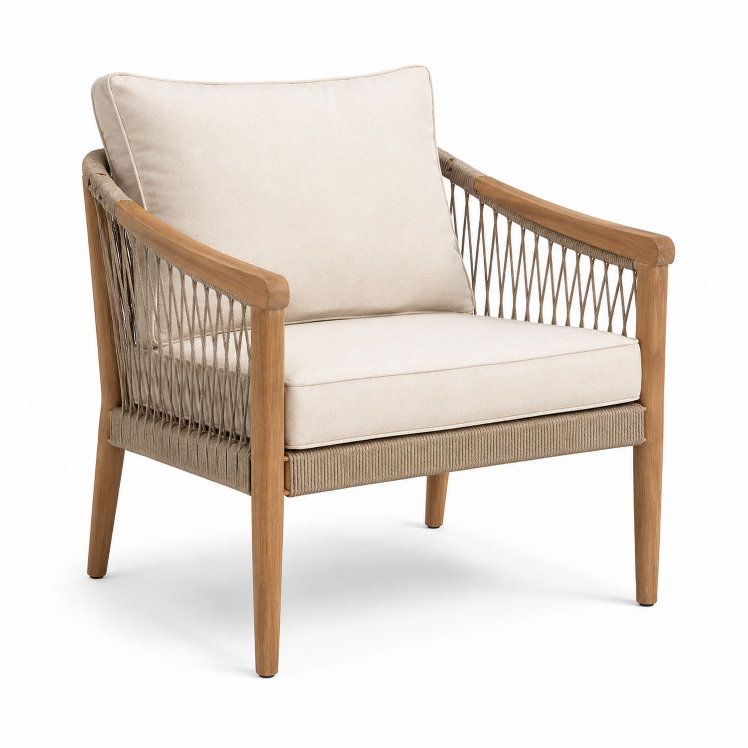 Silla de madera de teca y cuerda con cojín beige-Timberhomeeu