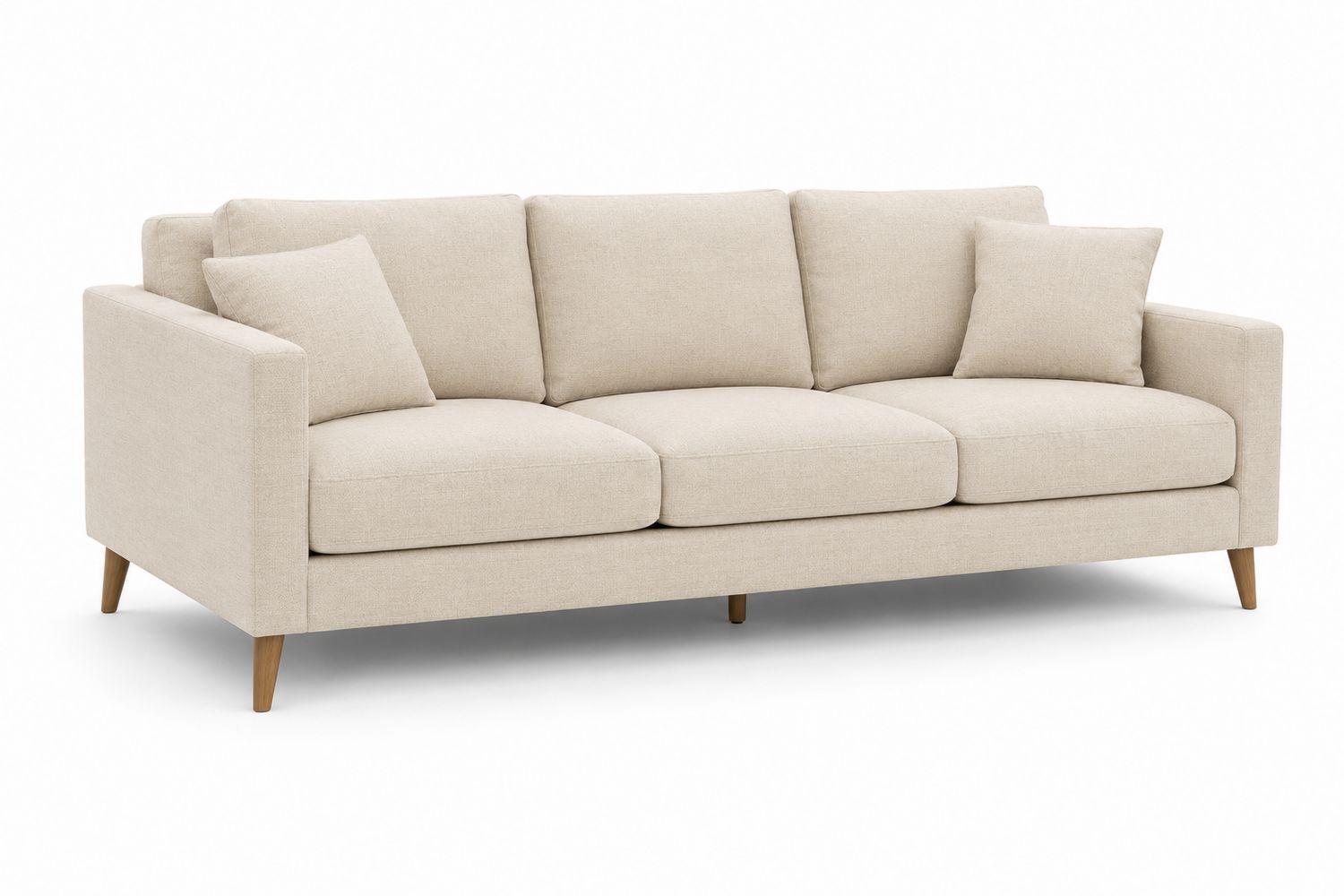 Sofá de tres plazas de tela beige con patas de madera-Timberhomeeu
