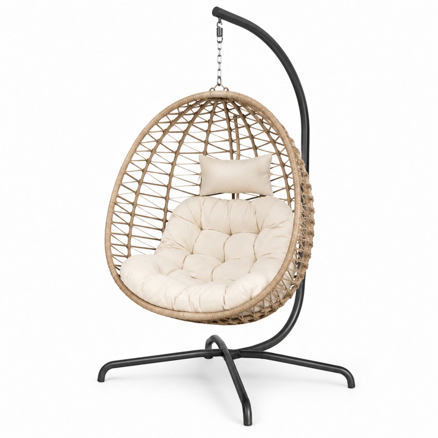 Hamaca Colgante de Mimbre con Cojín Beige y Soporte de Acero-Timberhomeeu