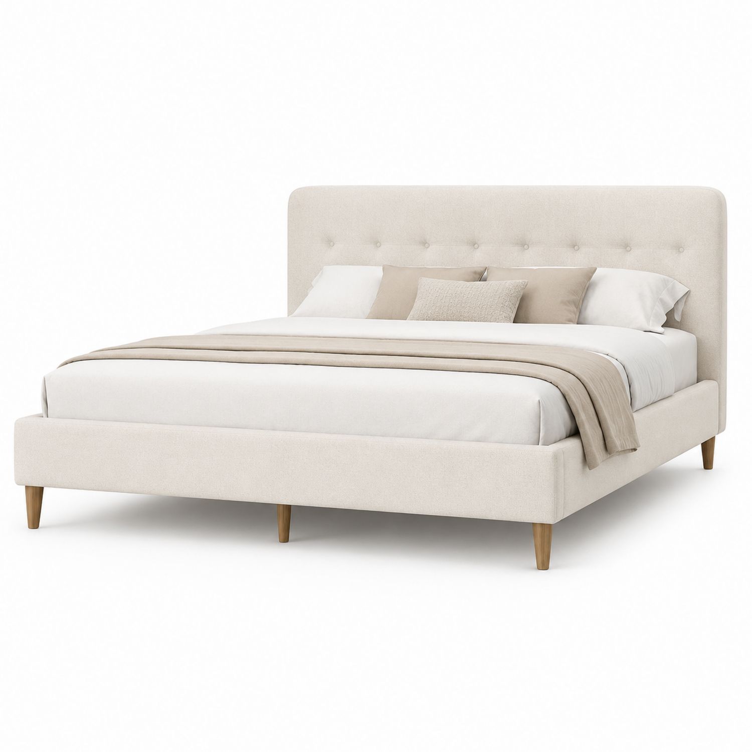 Cama doble tapizada en beige con patas de madera de haya-Timberhomeeu