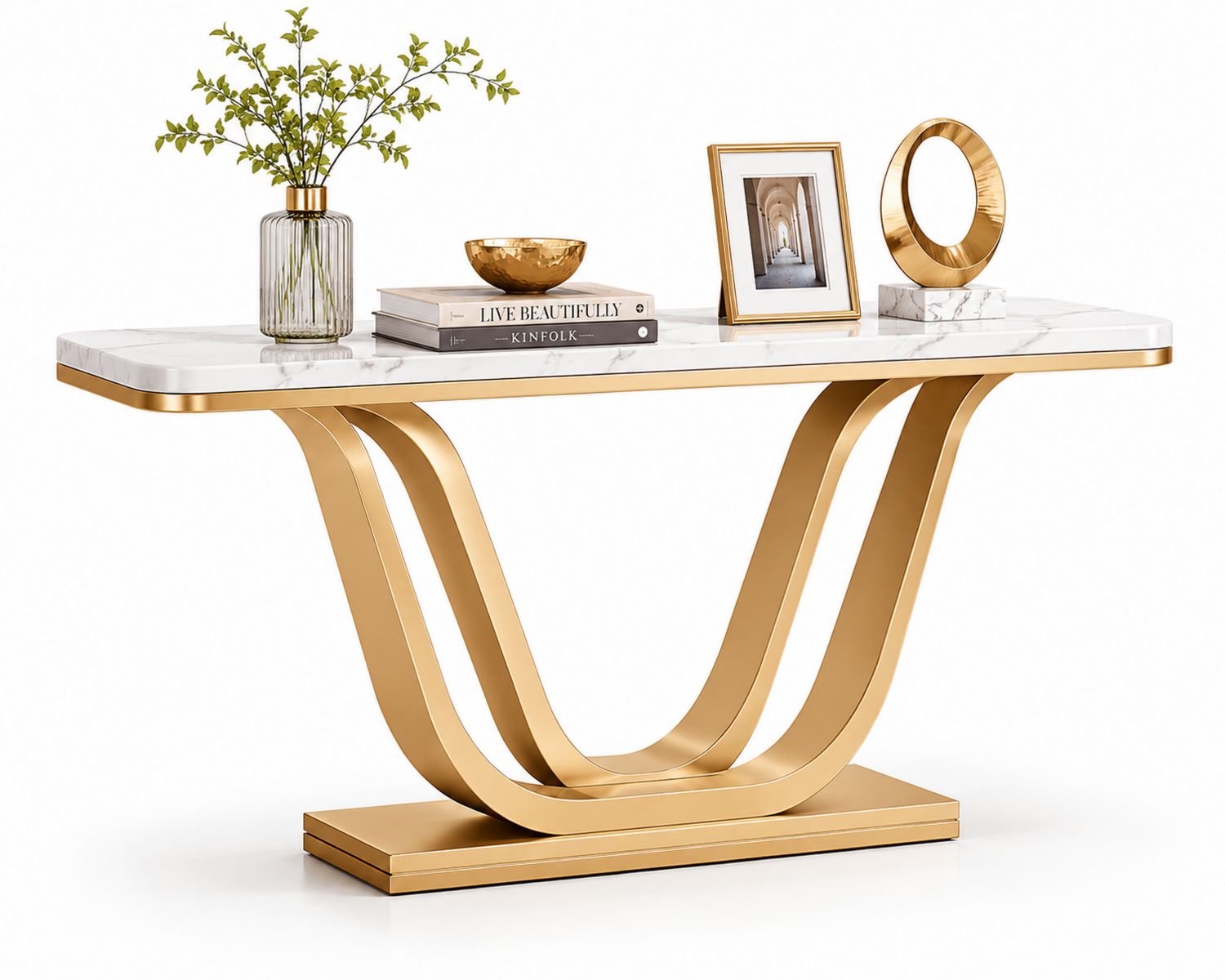 Mesa consola de mármol y acero dorado-Timberhomeeu
