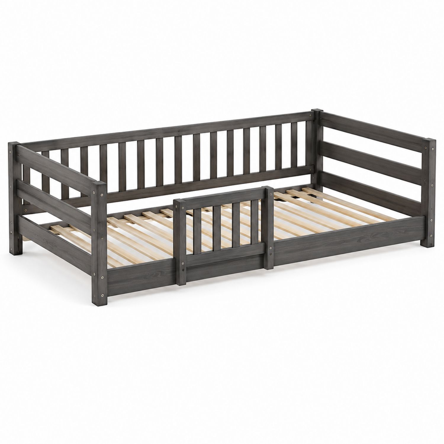 Cama infantil de madera de pino gris con barandillas-Timberhomeeu