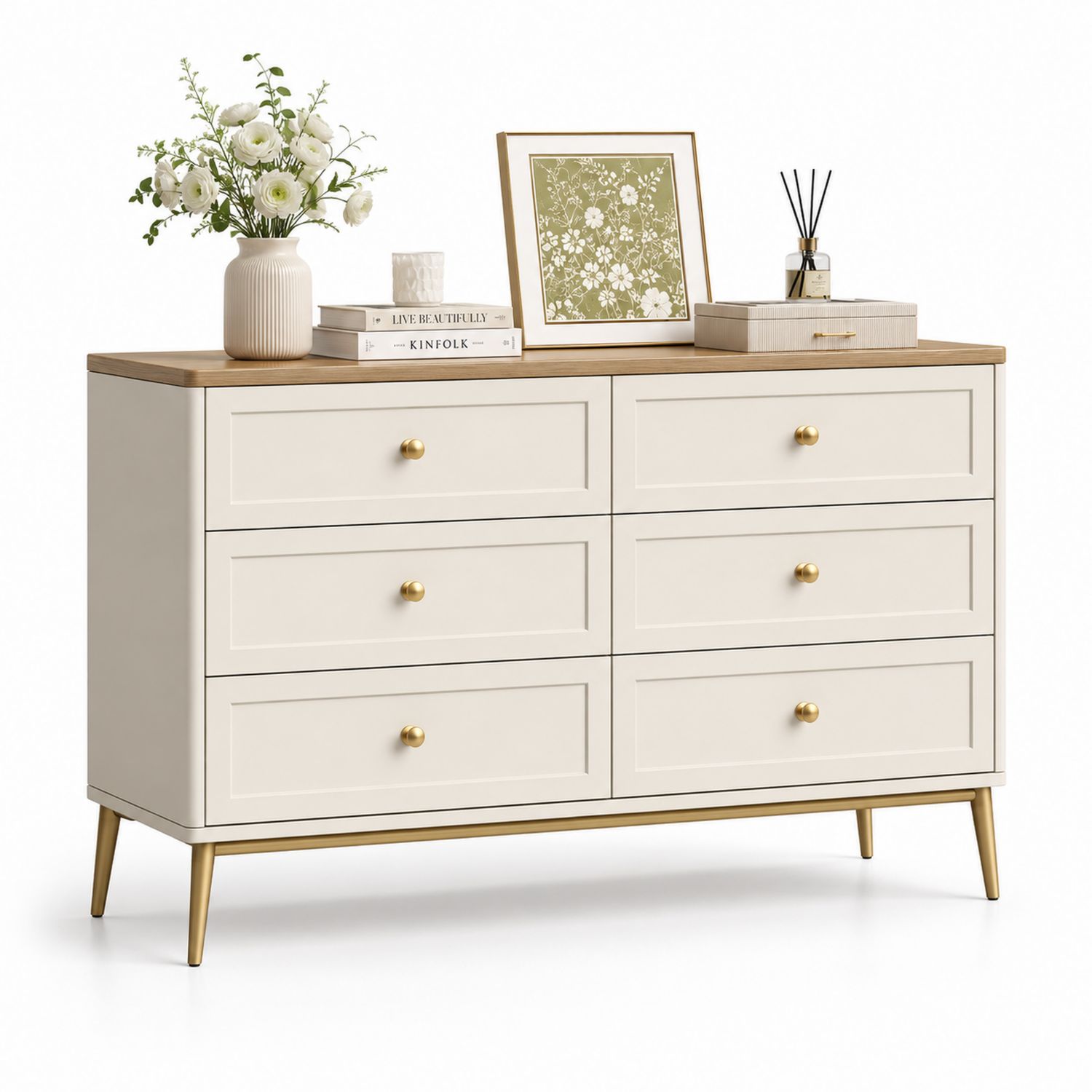 Cómoda con 6 cajones de madera y MDF color crema-Timberhomeeu