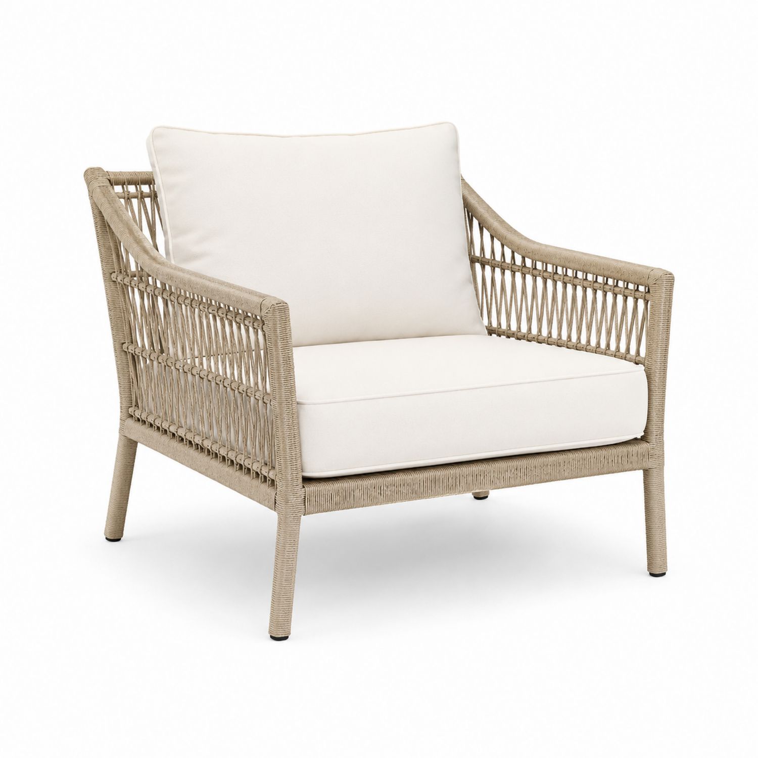 Silla de exterior de aluminio con ratán sintético beige y cojines crema-Timberhomeeu