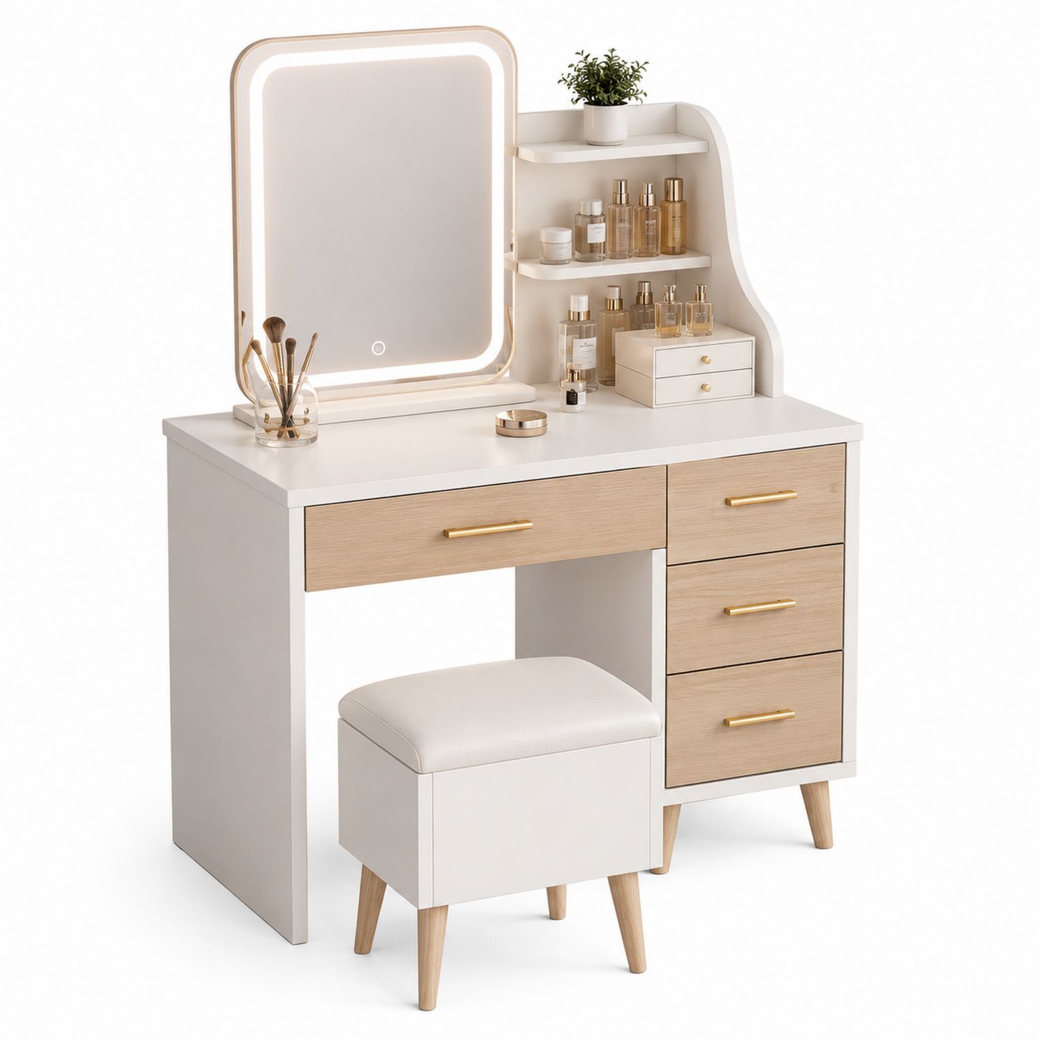 Tocador con Espejo LED y Cajonera de Madera, Blanco y Natural-Timberhomeeu