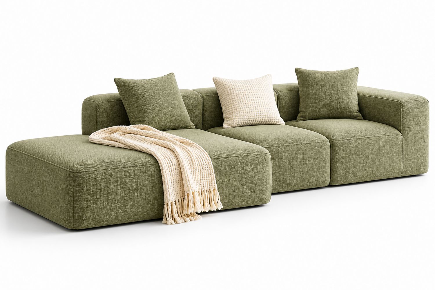 Sofá modular de tela verde oliva con cojines crema-Timberhomeeu