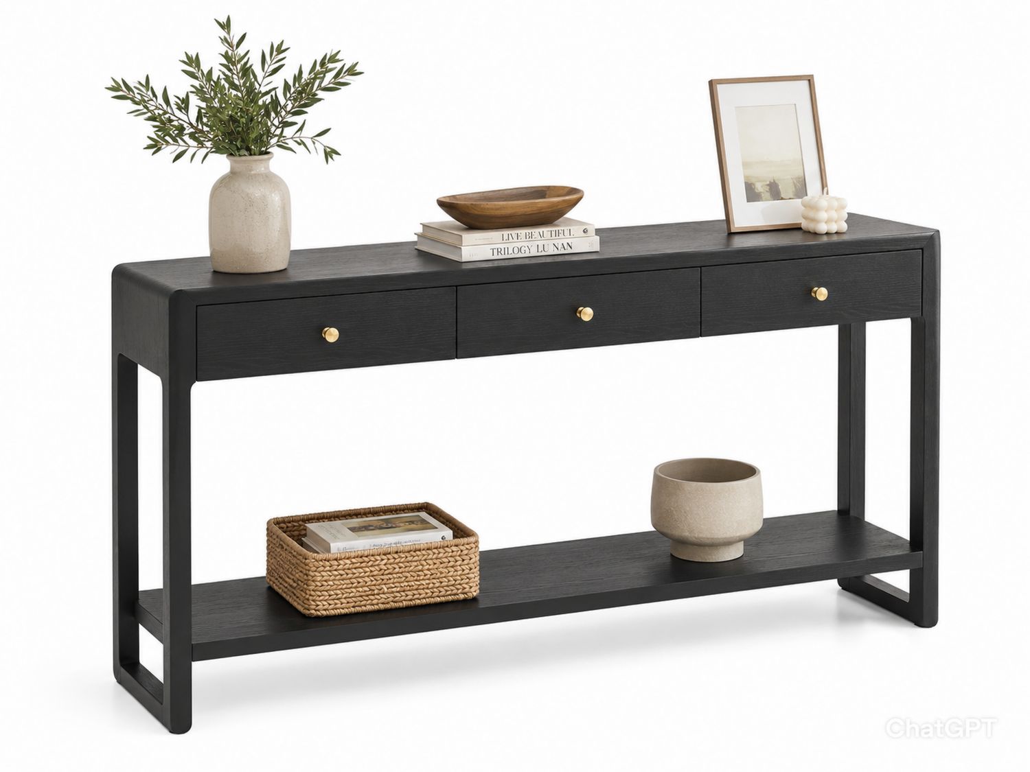 Mesa consola de madera de fresno negra con cajones y estante-Timberhomeeu