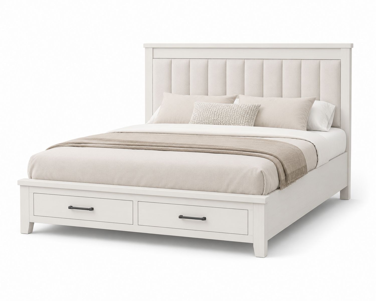 Cama de matrimonio con cabecero acolchado y cajones, madera de pino, 200x160 cm, Blanco-Timberhomeeu