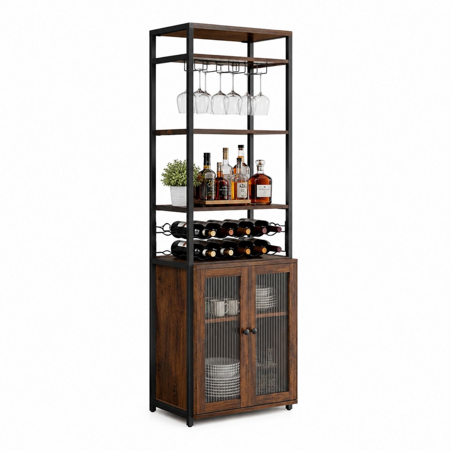 Estantería de metal y madera con botellero-Timberhomeeu