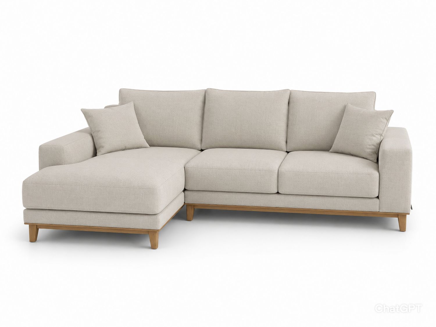 Sofá esquinero de tela beige con estructura de madera-Timberhomeeu