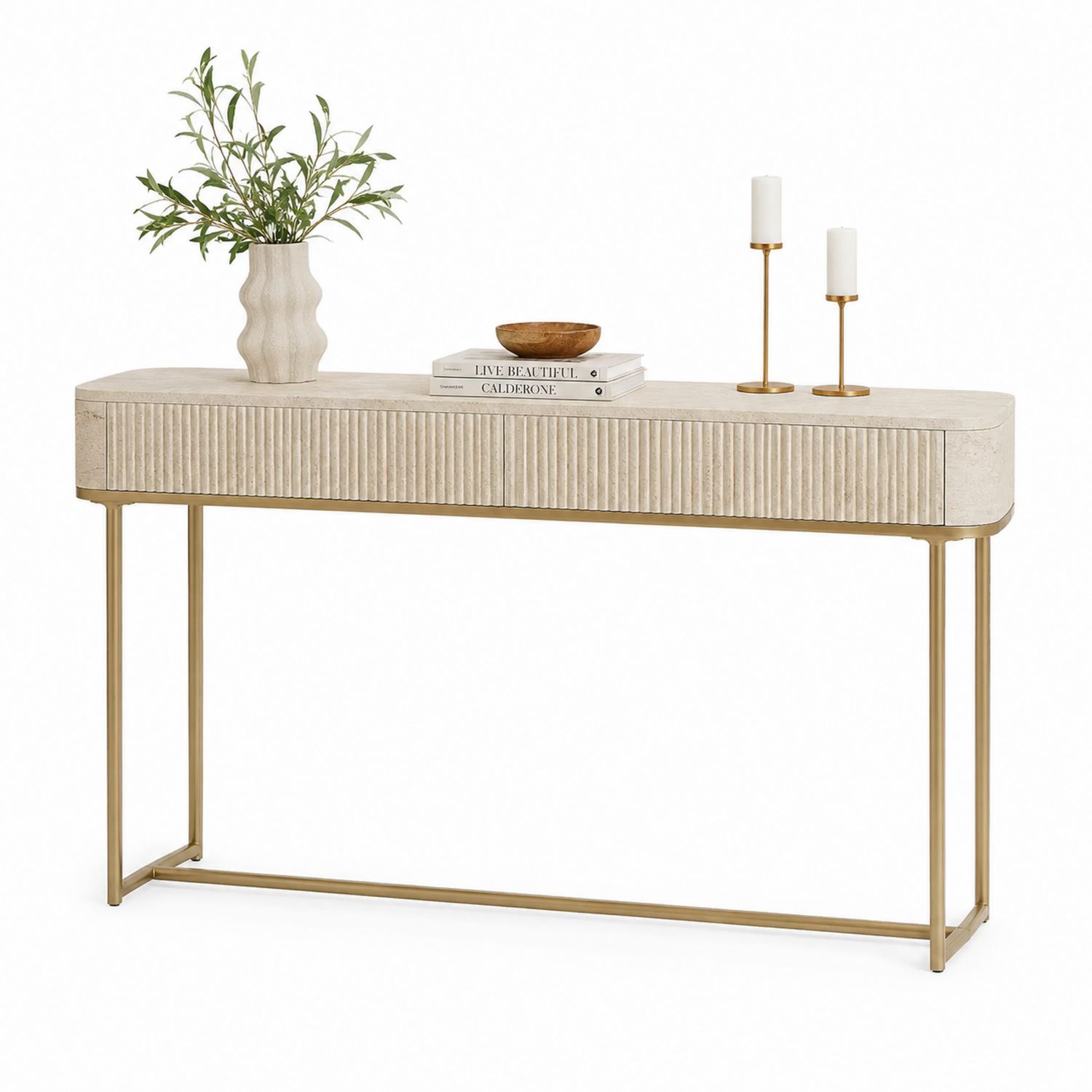 Mesa consola de mármol travertino y metal dorado 120 cm-Timberhomeeu