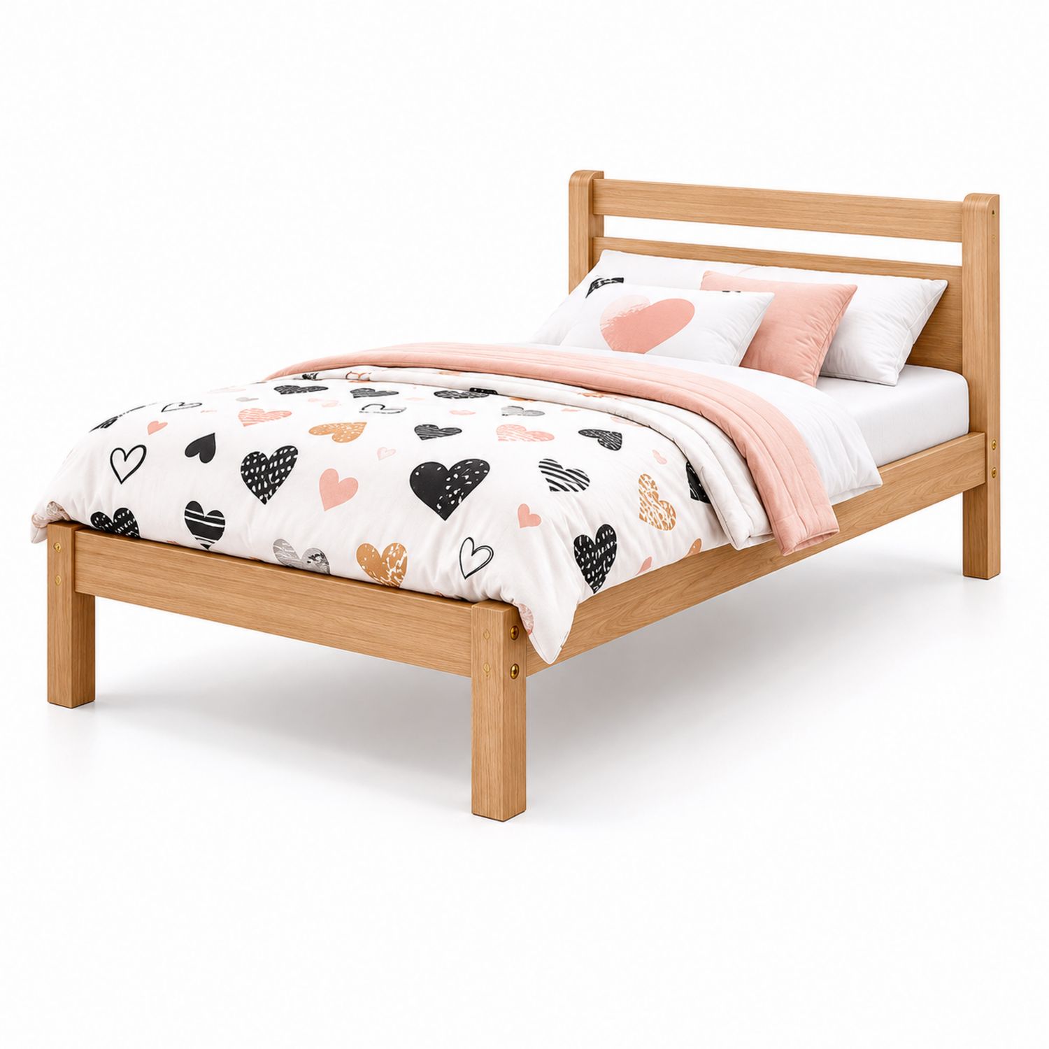 Cama de Madera Maciza de Roble con Ropa de Cama de Algodón-Timberhomeeu