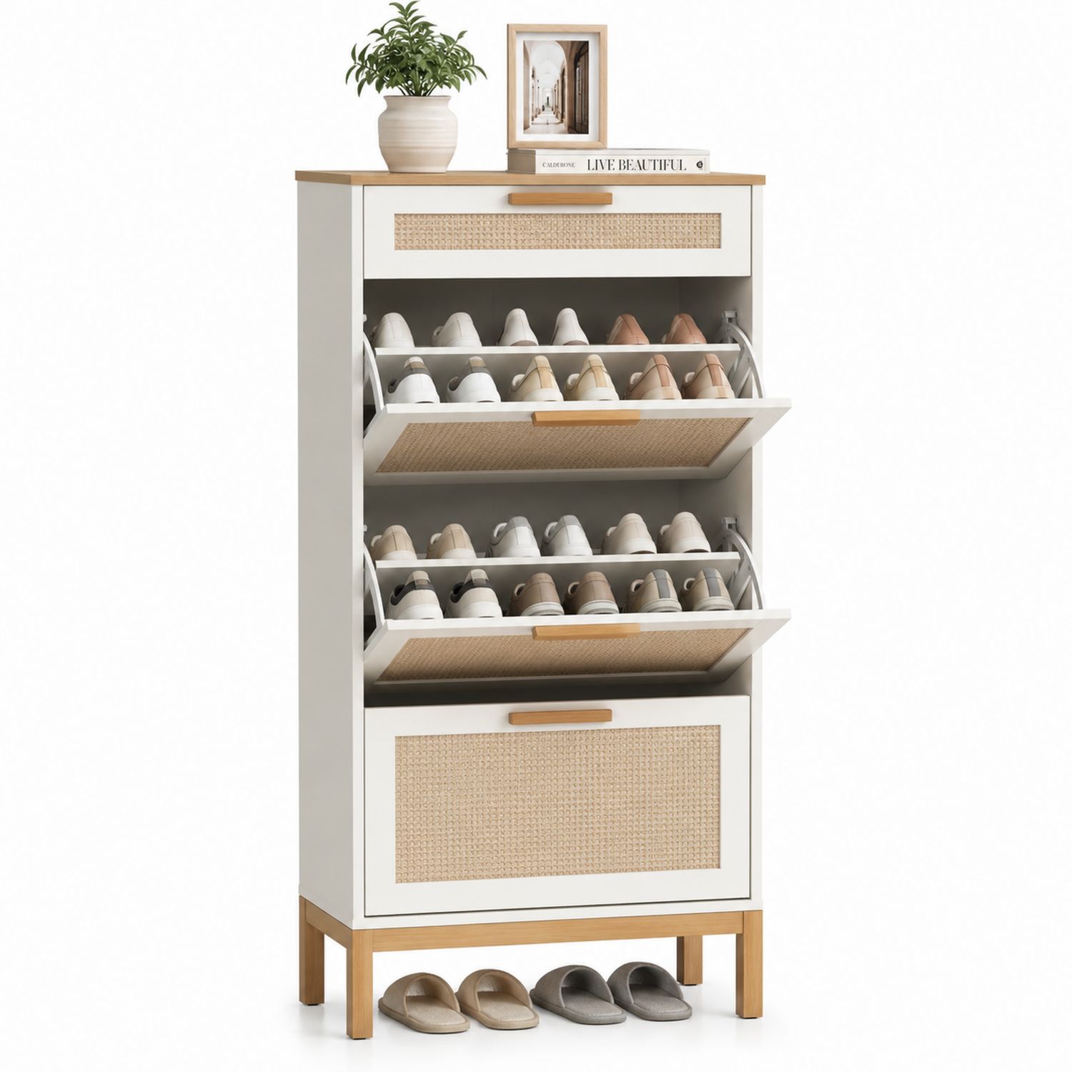 Zapatero vertical de madera y ratán con 3 niveles blanco-Timberhomeeu