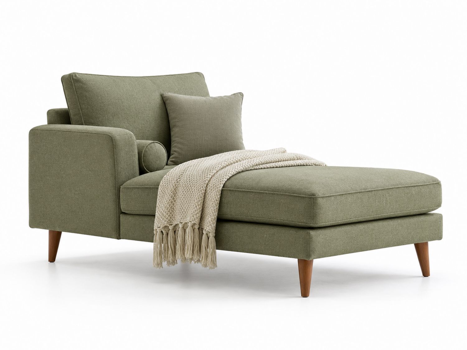 Sofá chaiselongue de tela verde con cojines-Timberhomeeu