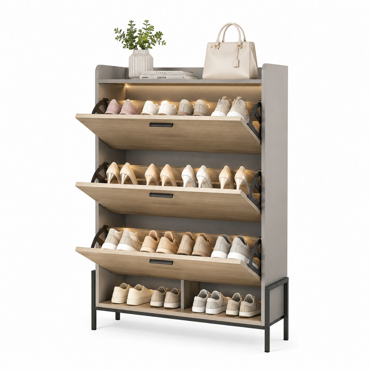 Zapatero de Madera y Metal con Estantes Abatibles y Luces LED-Timberhomeeu