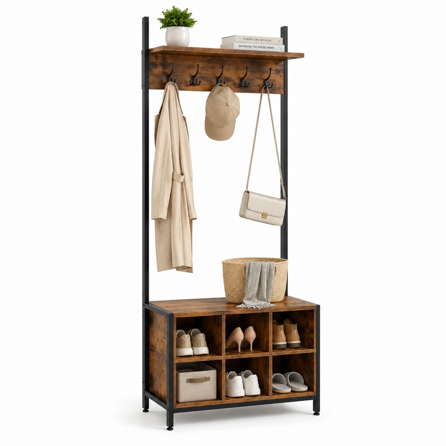 Perchero de Madera y Metal con Almacenamiento, Marrón-Timberhomeeu