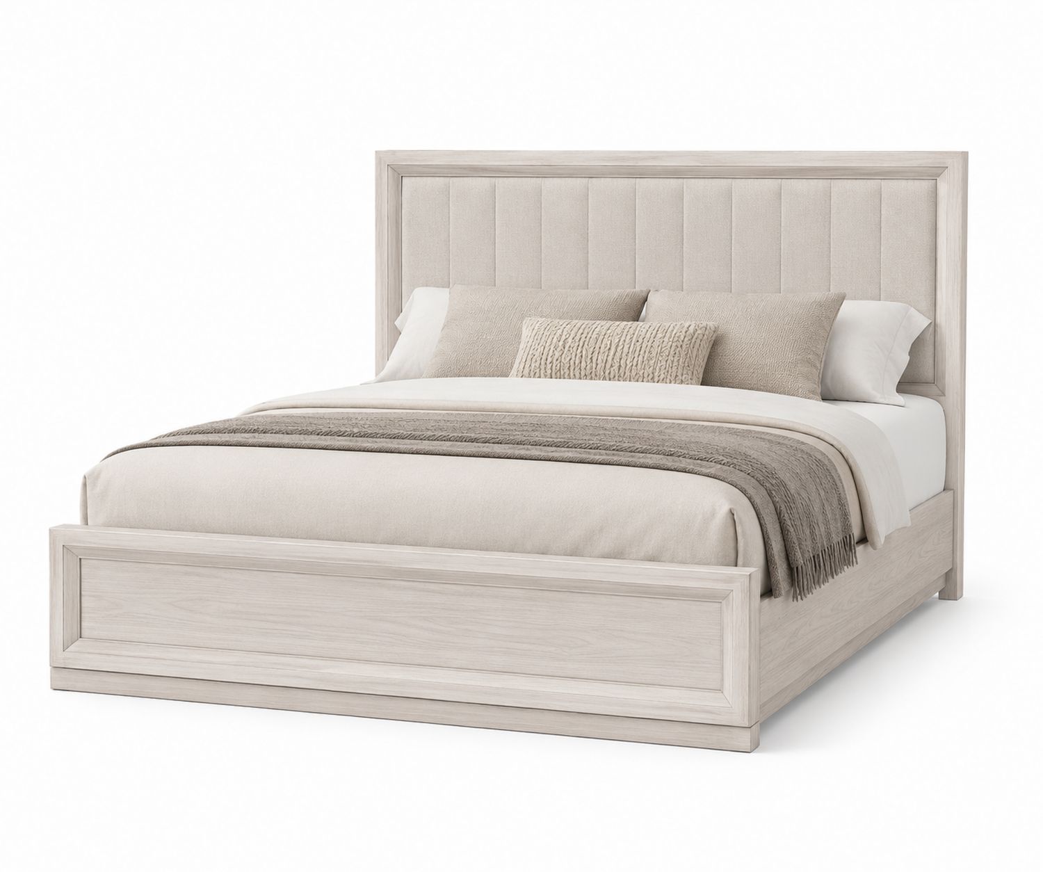 Cama de Madera con Cabecera Tapizada de Poliéster Blanco/Beige 200x150 cm-Timberhomeeu