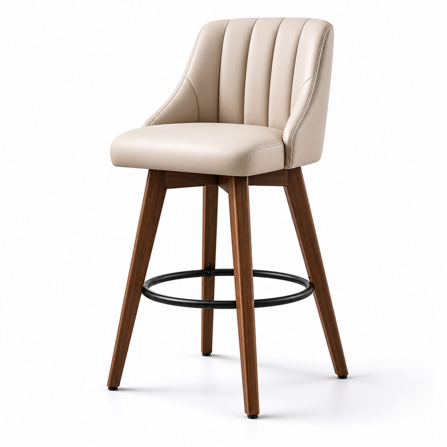 Taburete de Madera Nogal con Asiento de Cuero PU Beige-Timberhomeeu