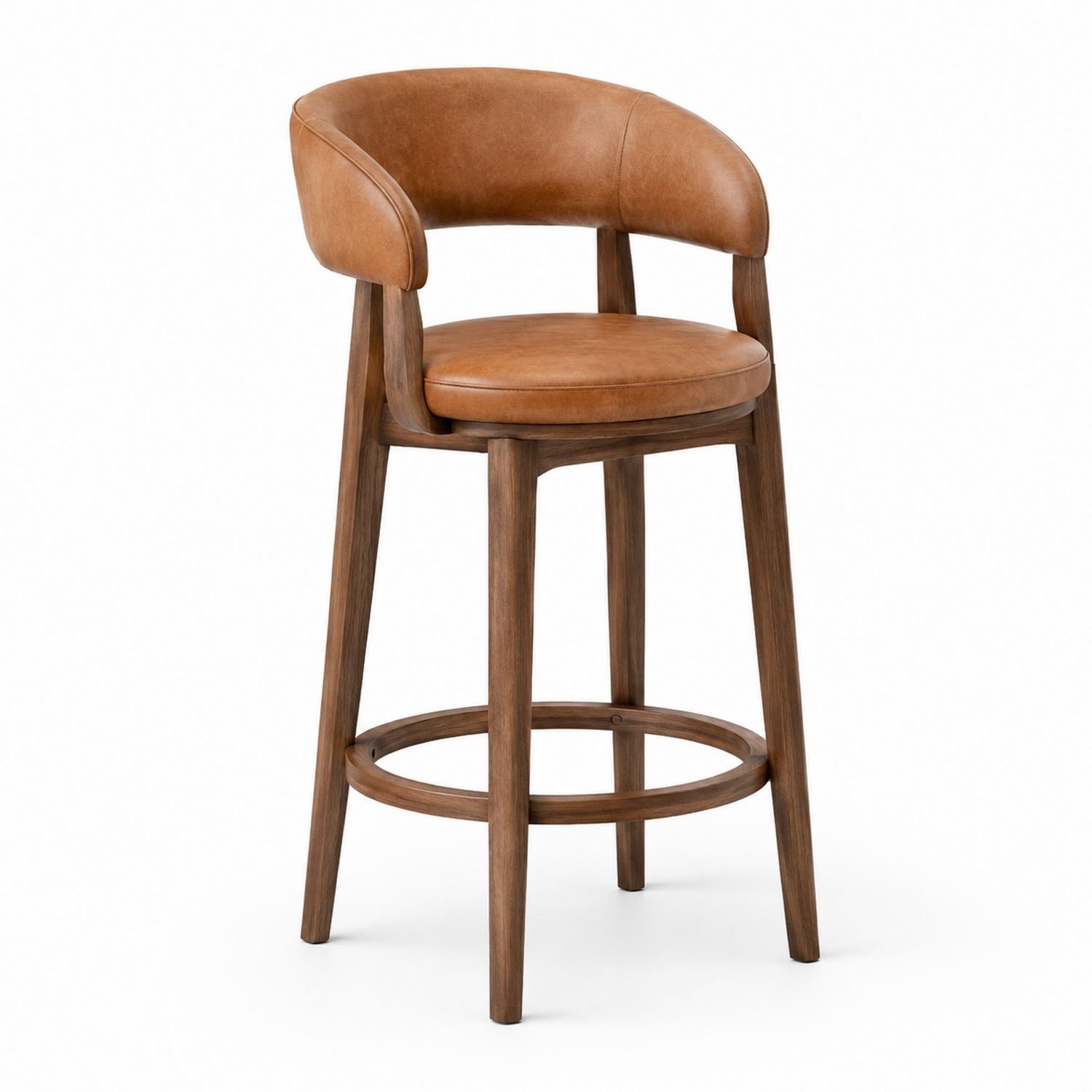 Taburete de Madera con Asiento de Cuero Sintético Marrón-Timberhomeeu