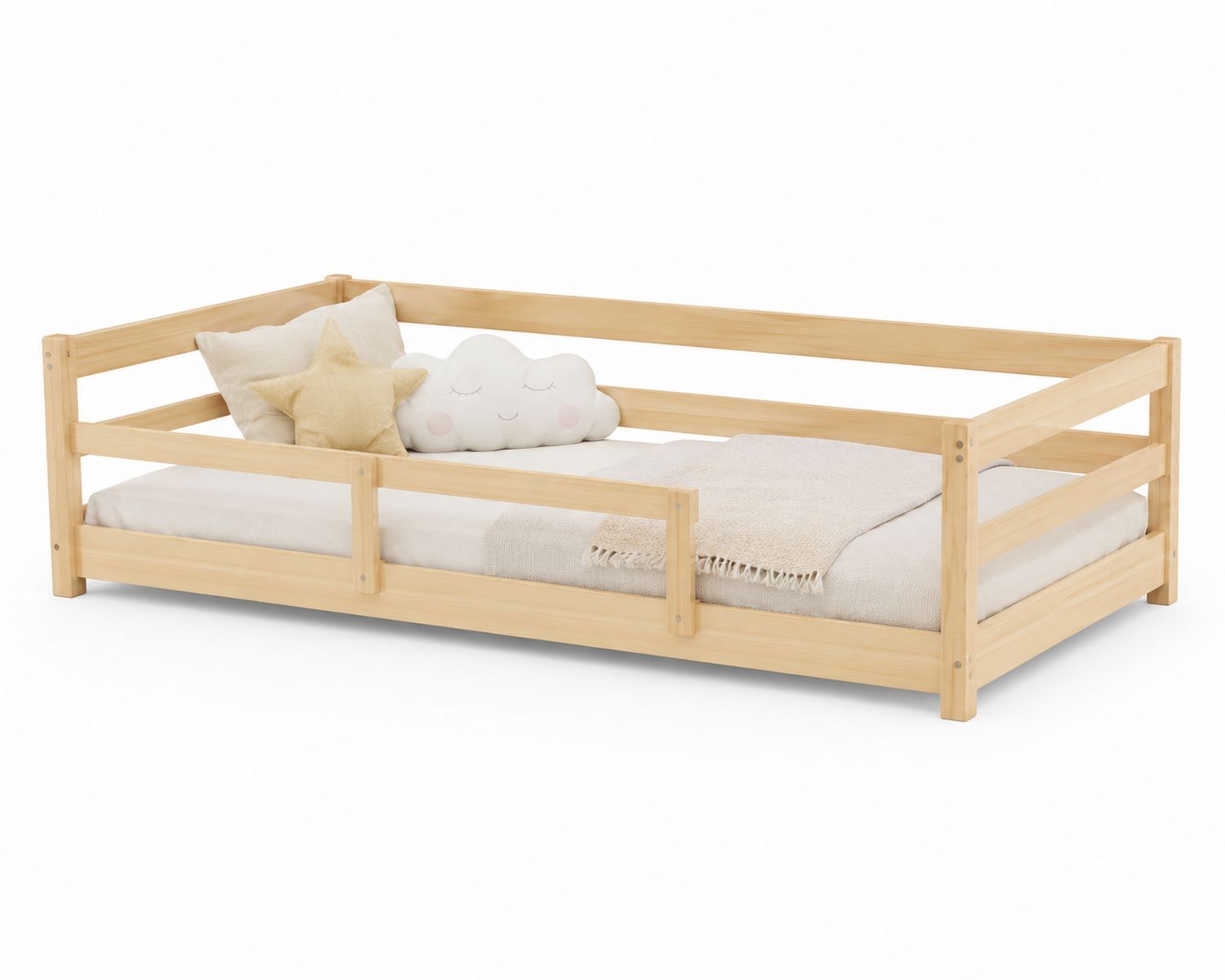 Cama infantil de madera de pino con colchón y cojines 148x75x45 cm color Natural-Timberhomeeu