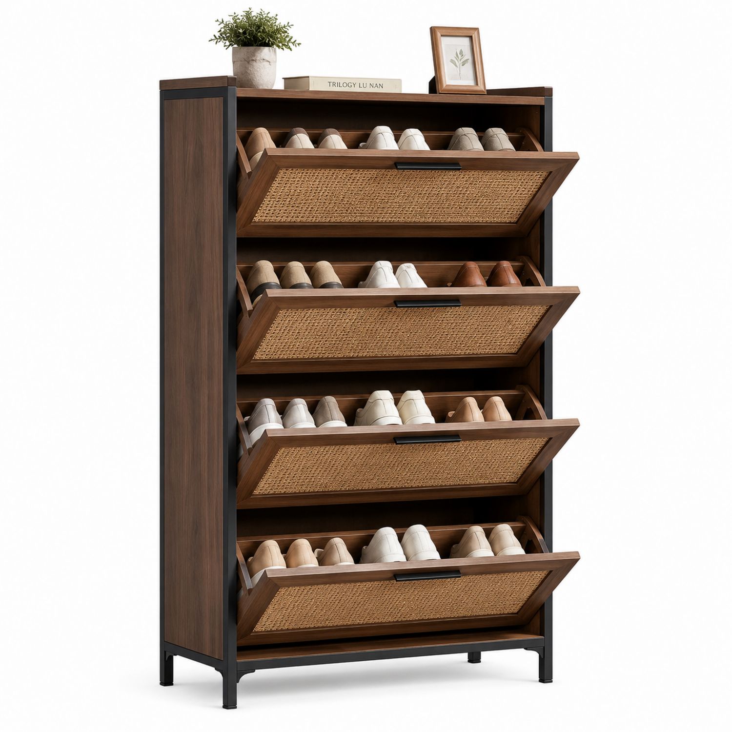 Zapatero de Madera con Frente de Ratán y 4 Niveles-Timberhomeeu