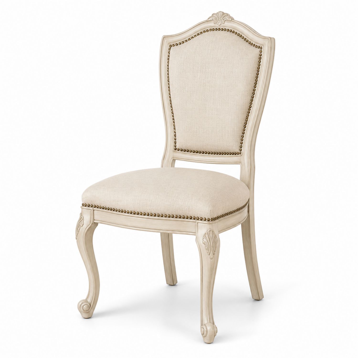 Silla de madera con tapizado de lino beige y detalles decorativos-Timberhomeeu