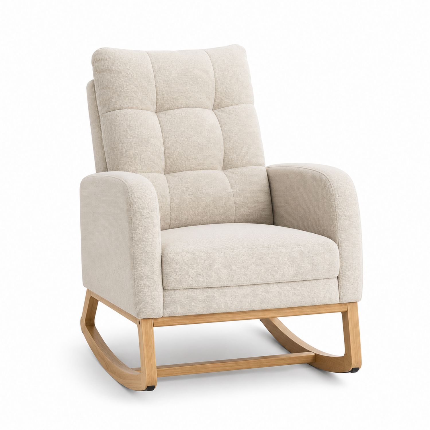 Sillón mecedora de tela beige con base de madera-Timberhomeeu
