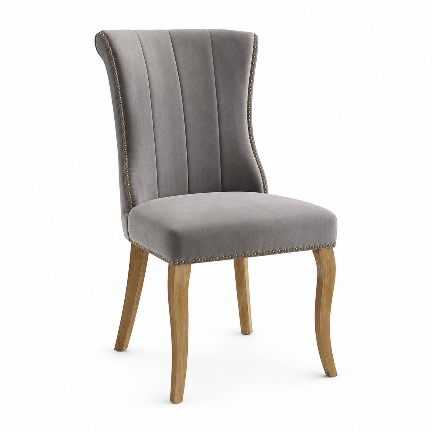 Silla de comedor de terciopelo gris con patas de madera de roble-Timberhomeeu