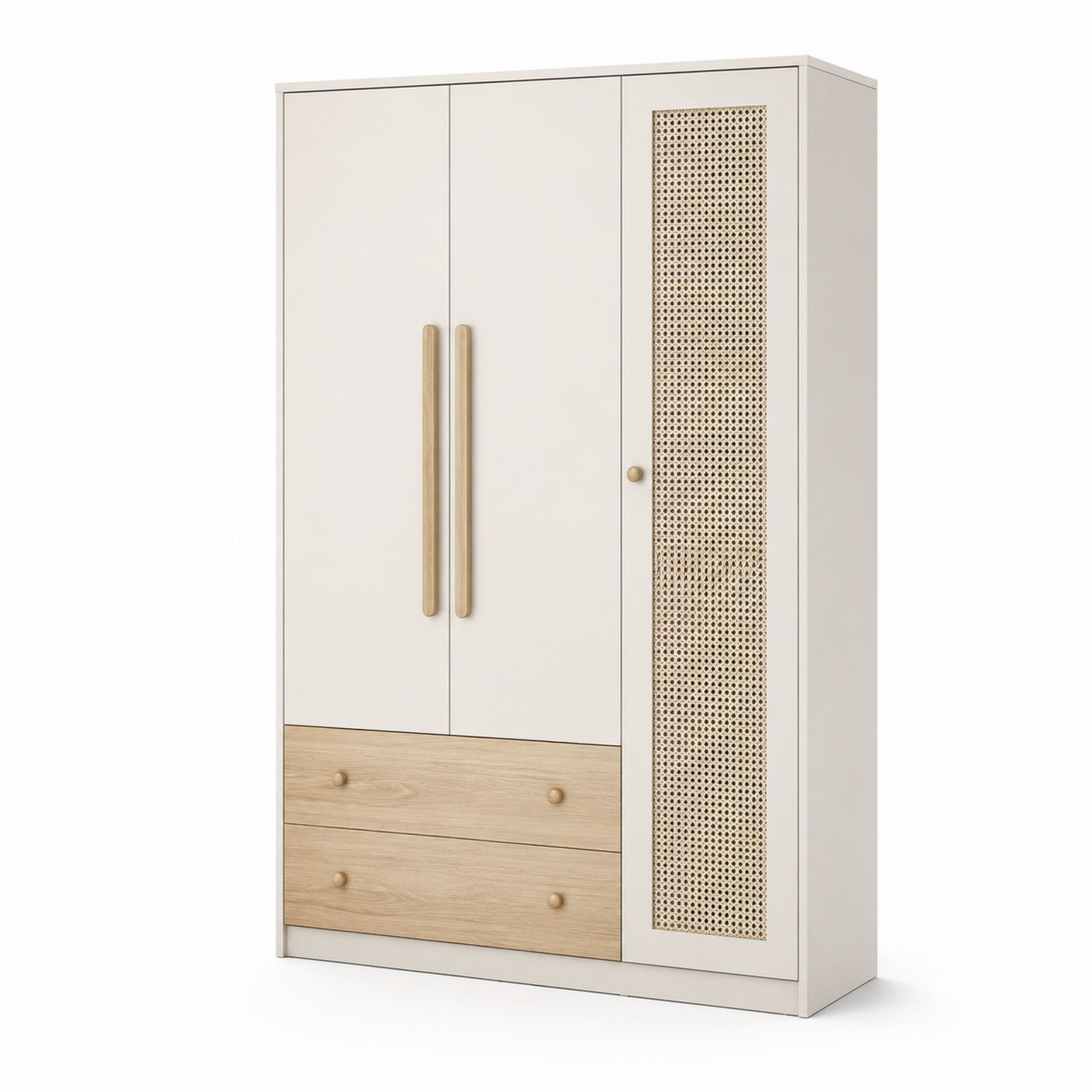 Armario de MDF y Ratán Natural Blanco con Cajones-Timberhomeeu
