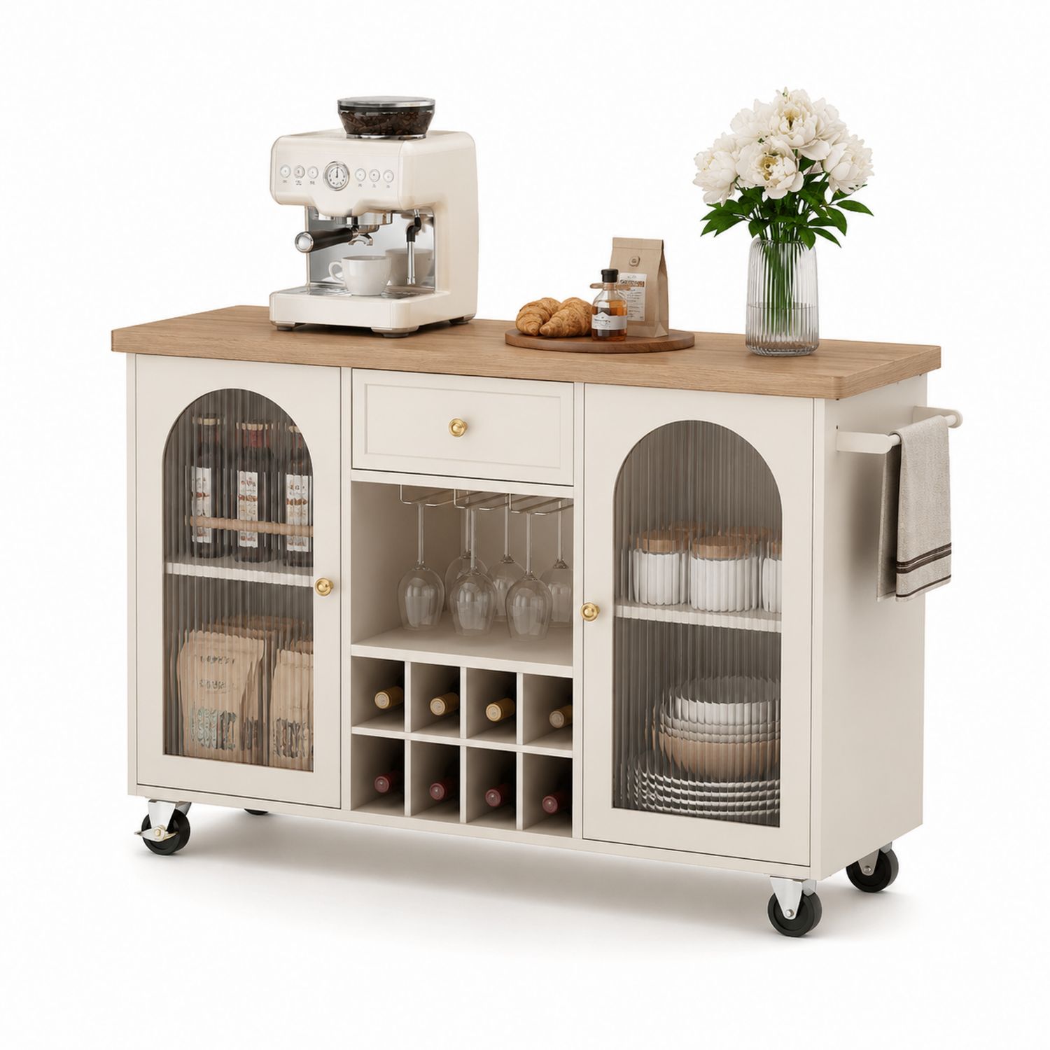Carrito de cocina con estantes para vino y puertas de vidrio, madera y metal, Blanco-Timberhomeeu