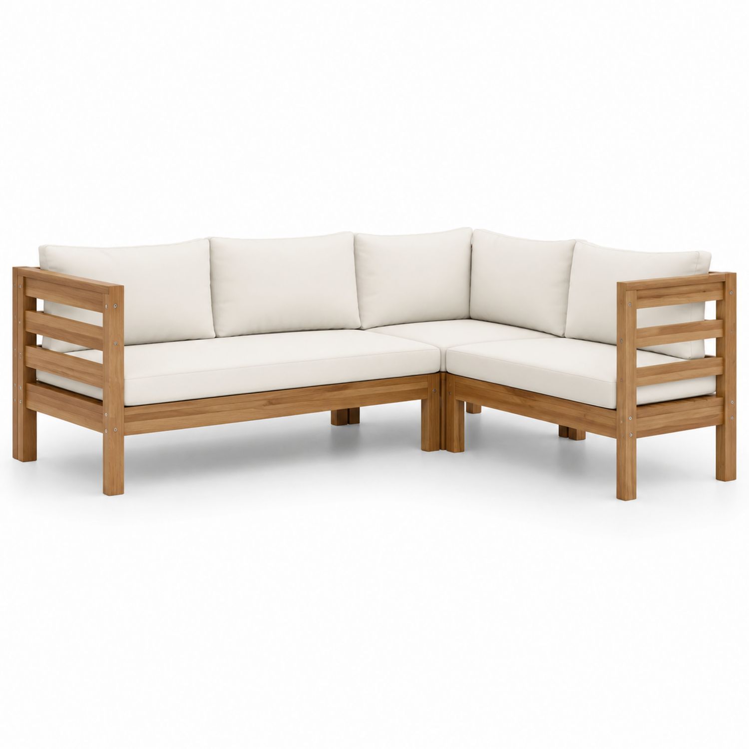 Sofá esquinero de madera de teca con cojines crema-Timberhomeeu
