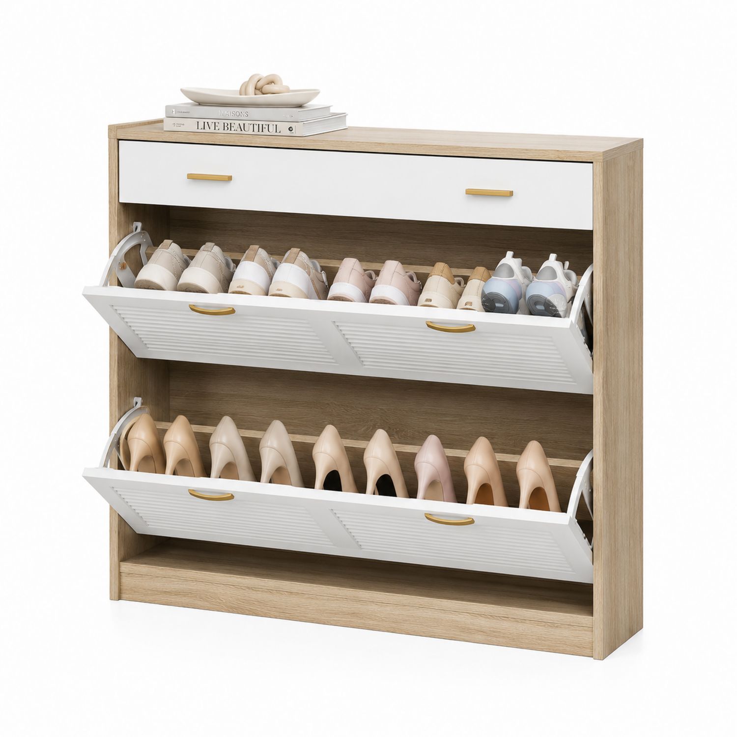 Zapatero Vertical de Madera Aglomerada y Metal Blanco 110x25x110 cm-Timberhomeeu