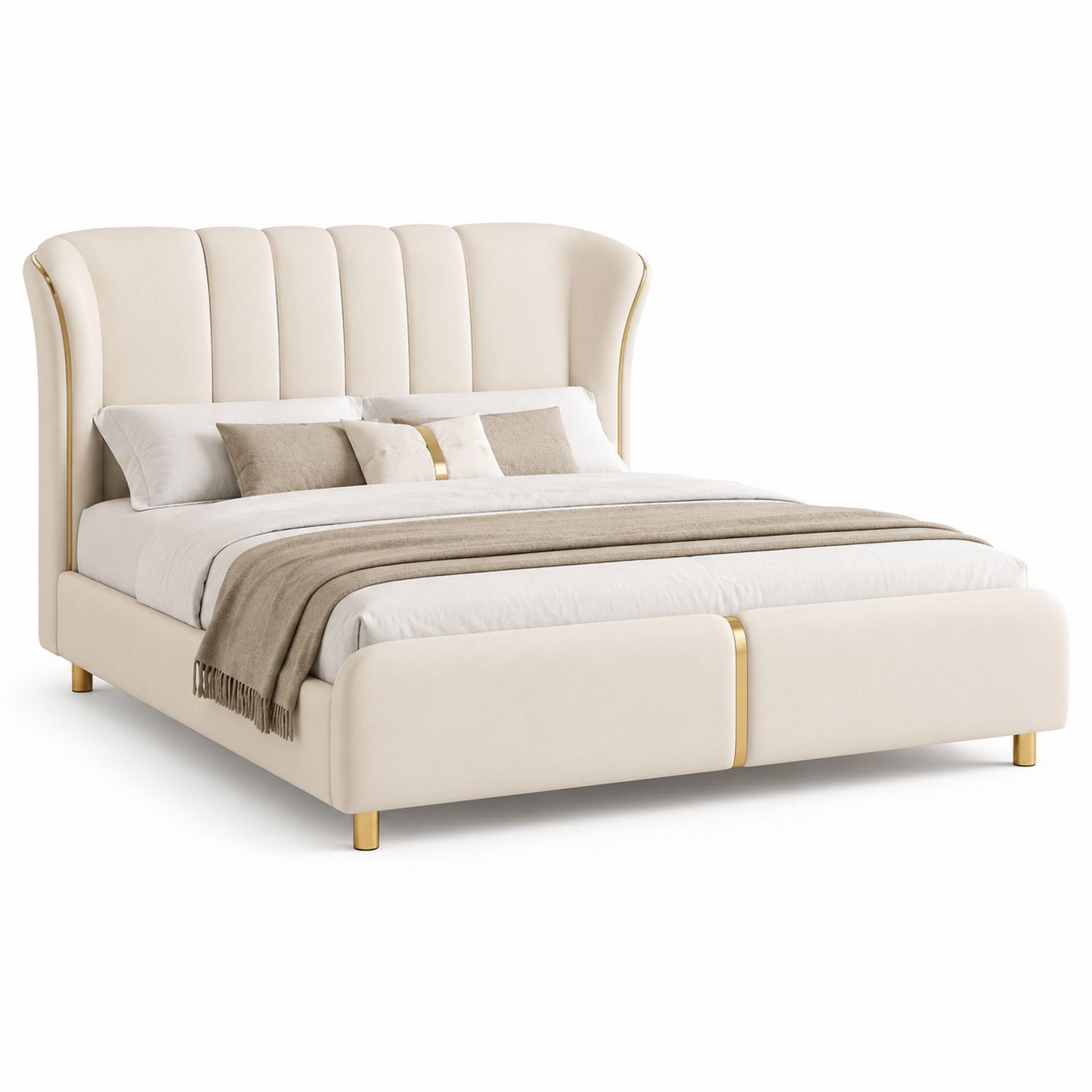 Cama de terciopelo beige con cabecera alta y patas metálicas doradas 200x160 cm-Timberhomeeu