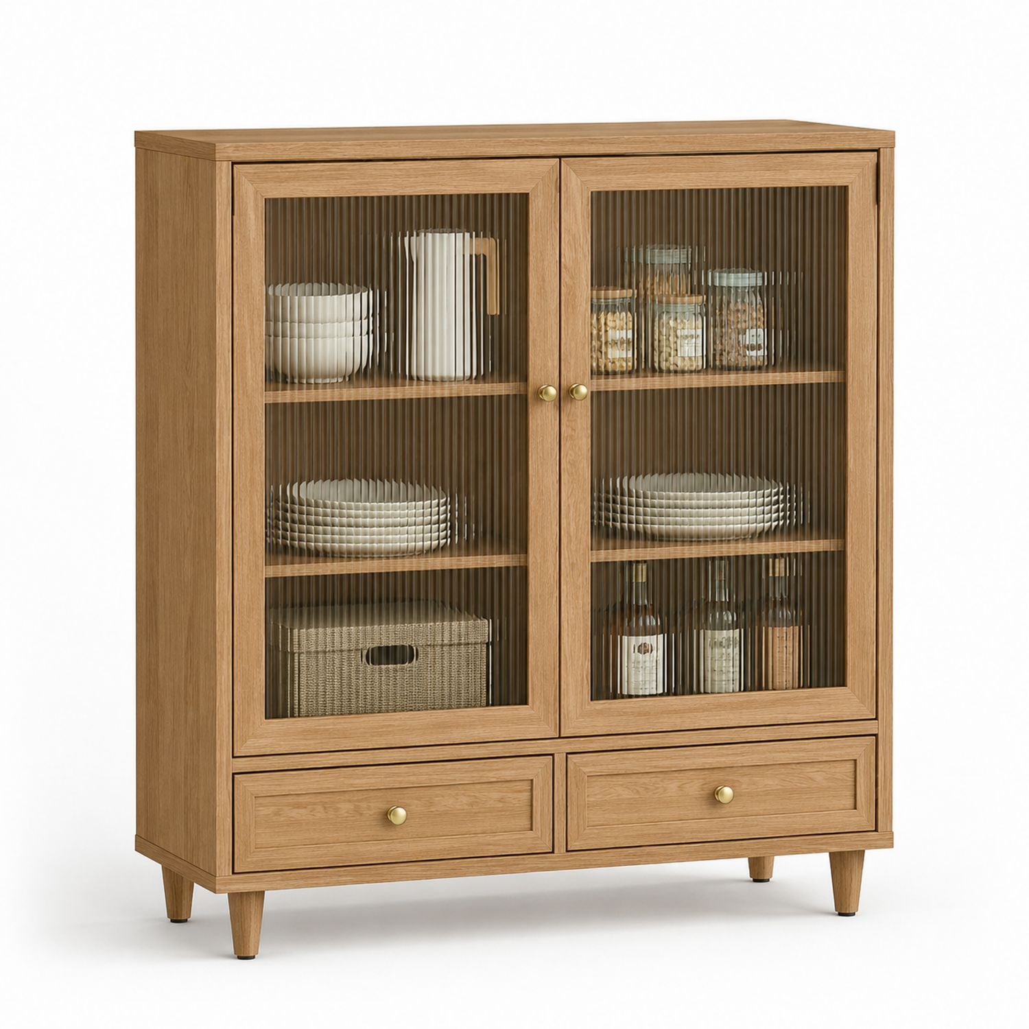 Aparador de Madera de Roble con Puertas de Vidrio Estriado-Timberhomeeu
