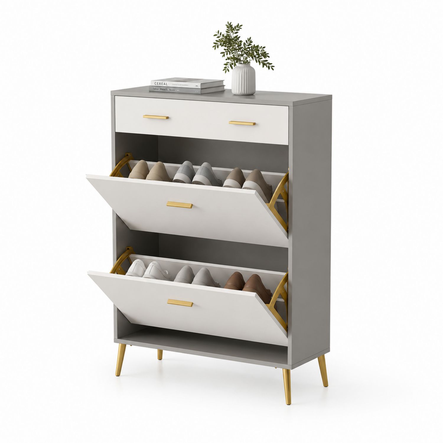 Zapatero de Madera Compuesta Gris con Cajones Blancos y Patas Doradas-Timberhomeeu