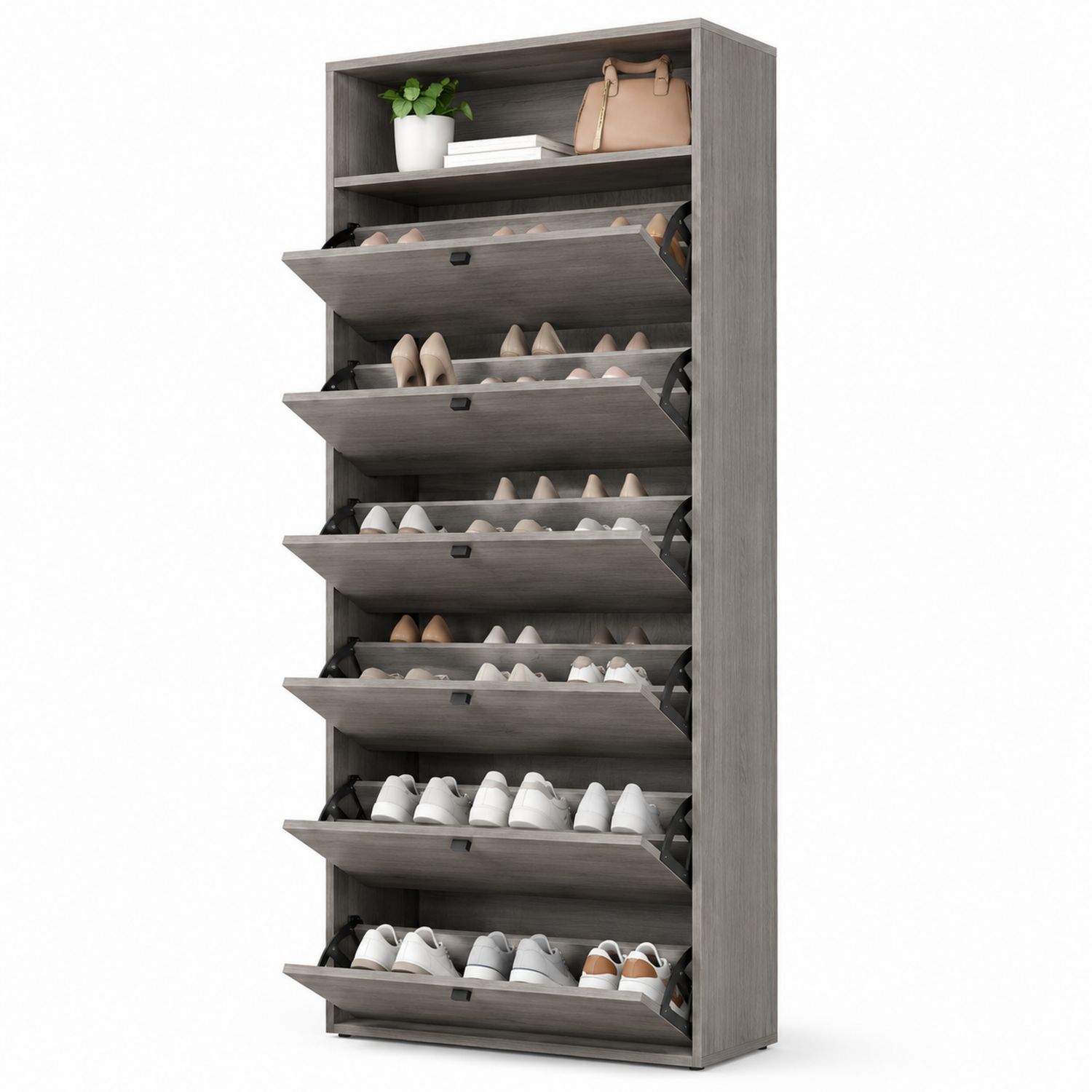 Zapatero de Madera MDF con Puertas Abatibles de 6 Niveles Gris-Timberhomeeu