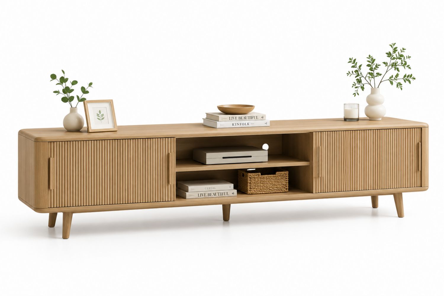 Mueble de TV de Madera Natural con Puertas Correderas 180x40x45 cm-Timberhomeeu