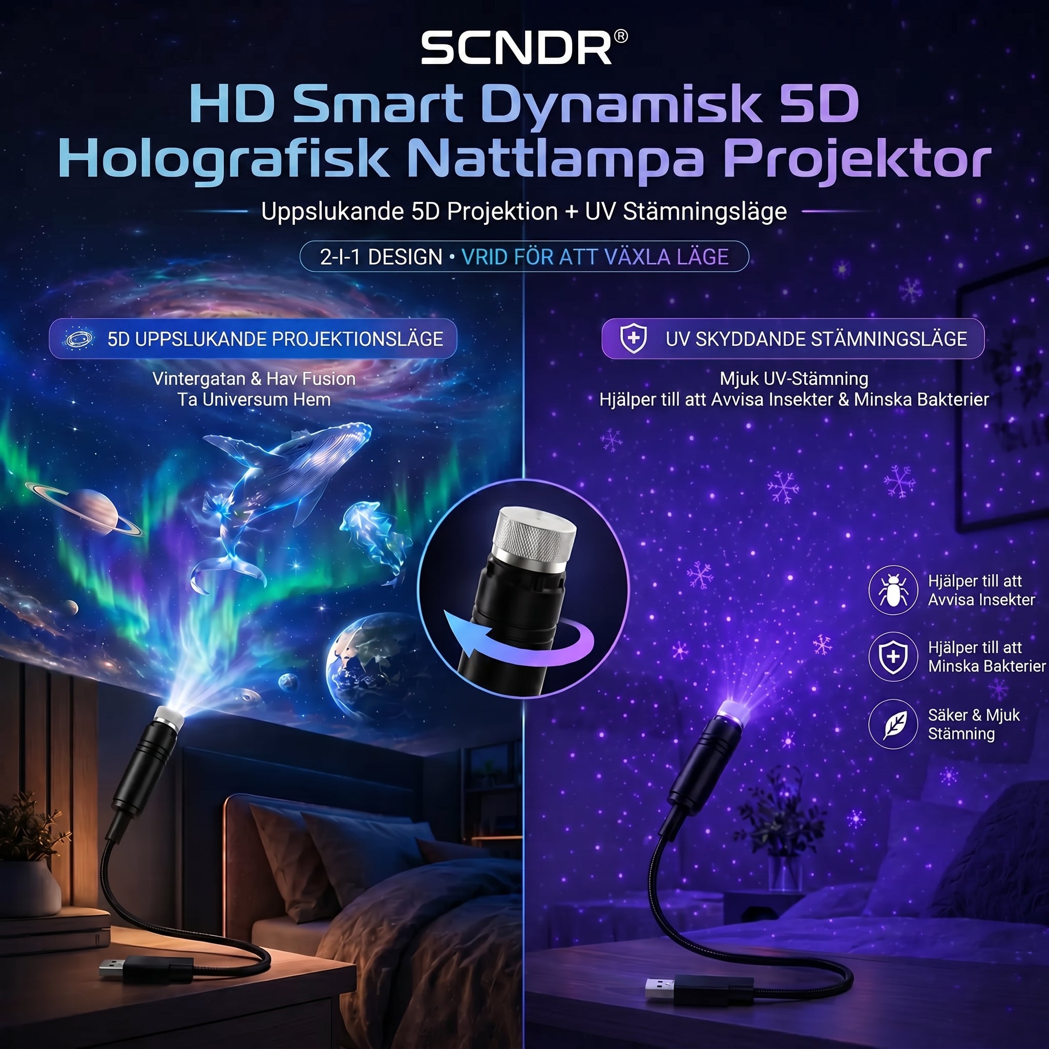 SCNDR® 🌌 Stjärnhimmel Projektor - Smart 5D Holografisk Nattlampa 🌟