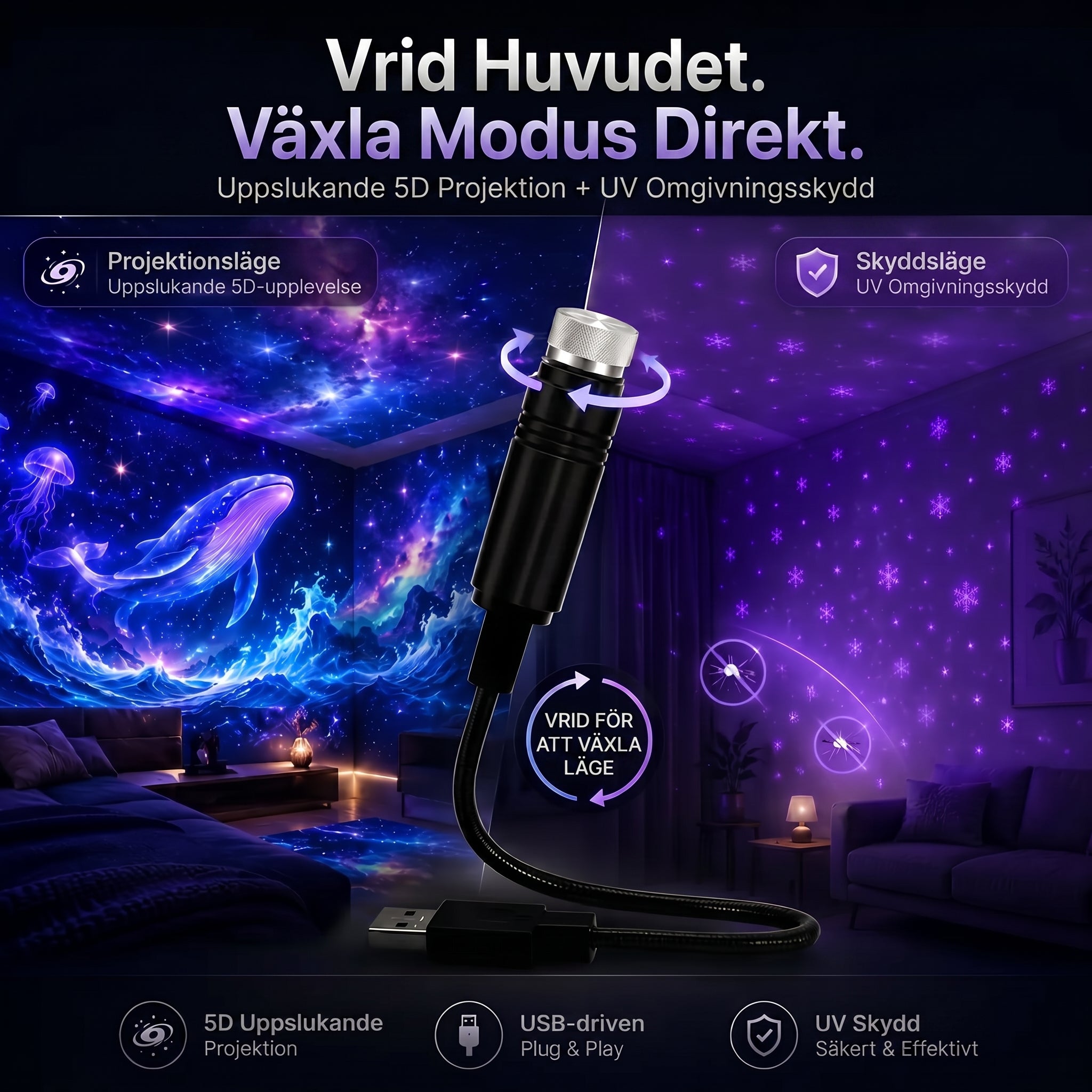 SCNDR® 🌌 Stjärnhimmel Projektor - Smart 5D Holografisk Nattlampa 🌟