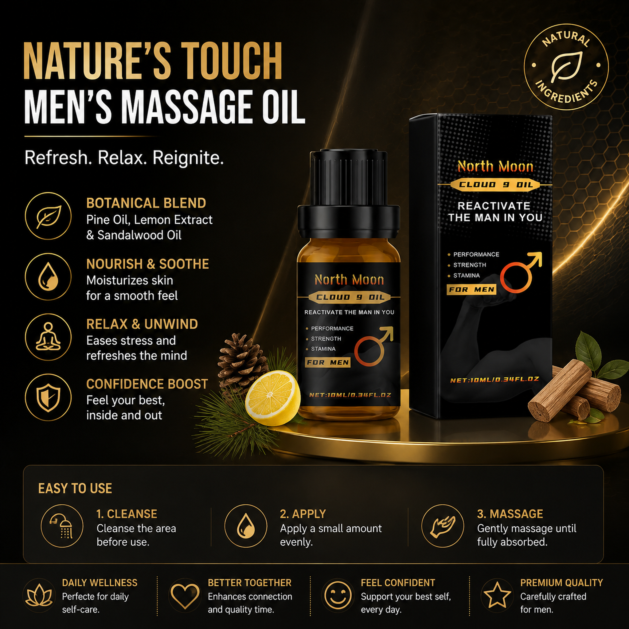 Men's Enhancing Essential Oil, Body Care Moisturizing and Long-Lasting Massage Oil