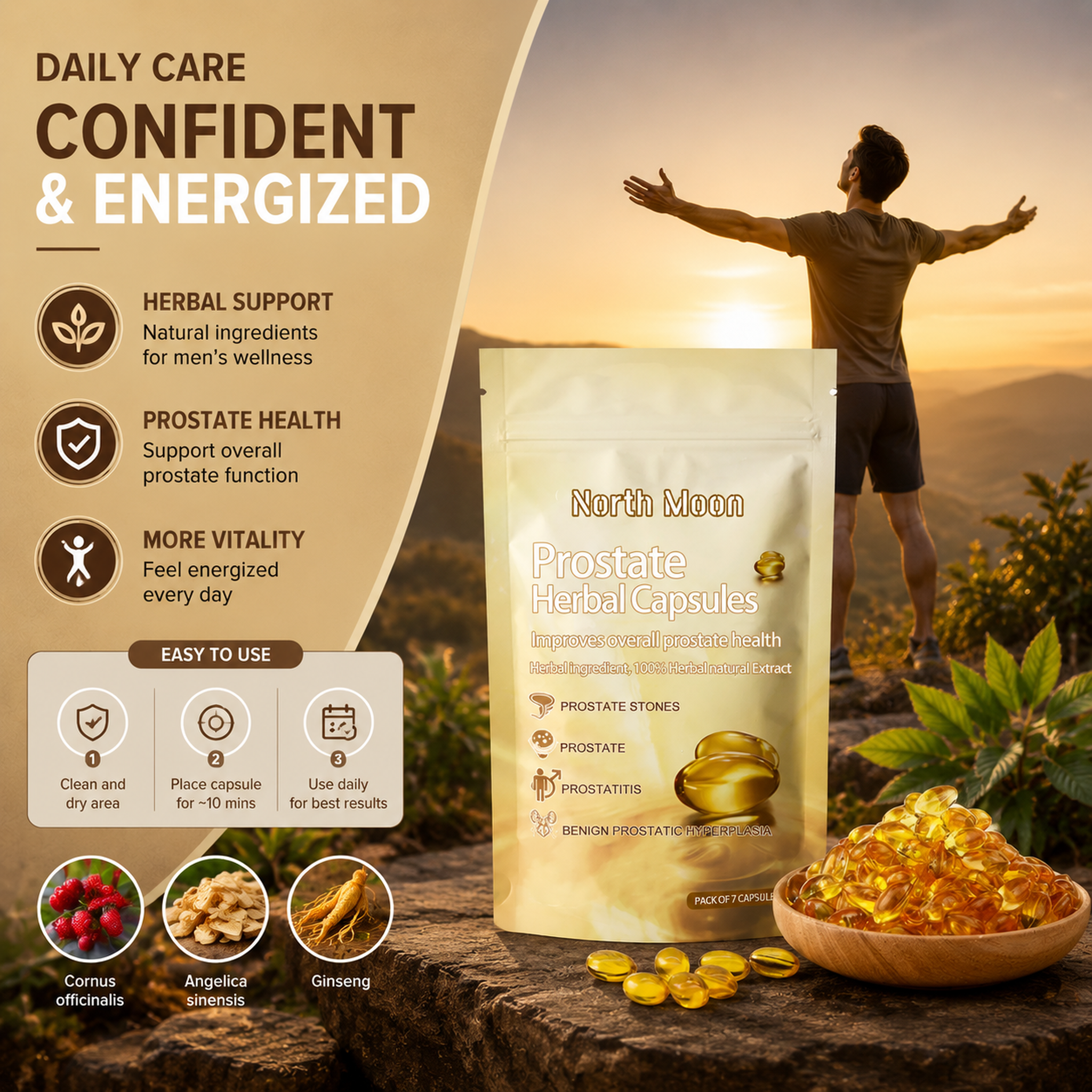 Prostate Health Capsules, a body care capsule for relieving male prostate discomfort.