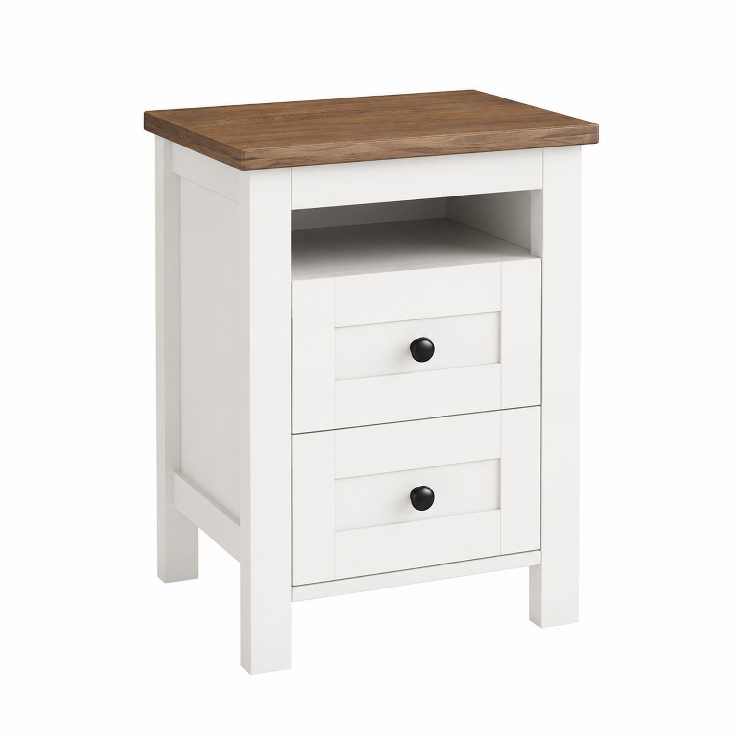 Table de chevet en bois avec 2 tiroirs, Blanc et Chêne-Floralvillae